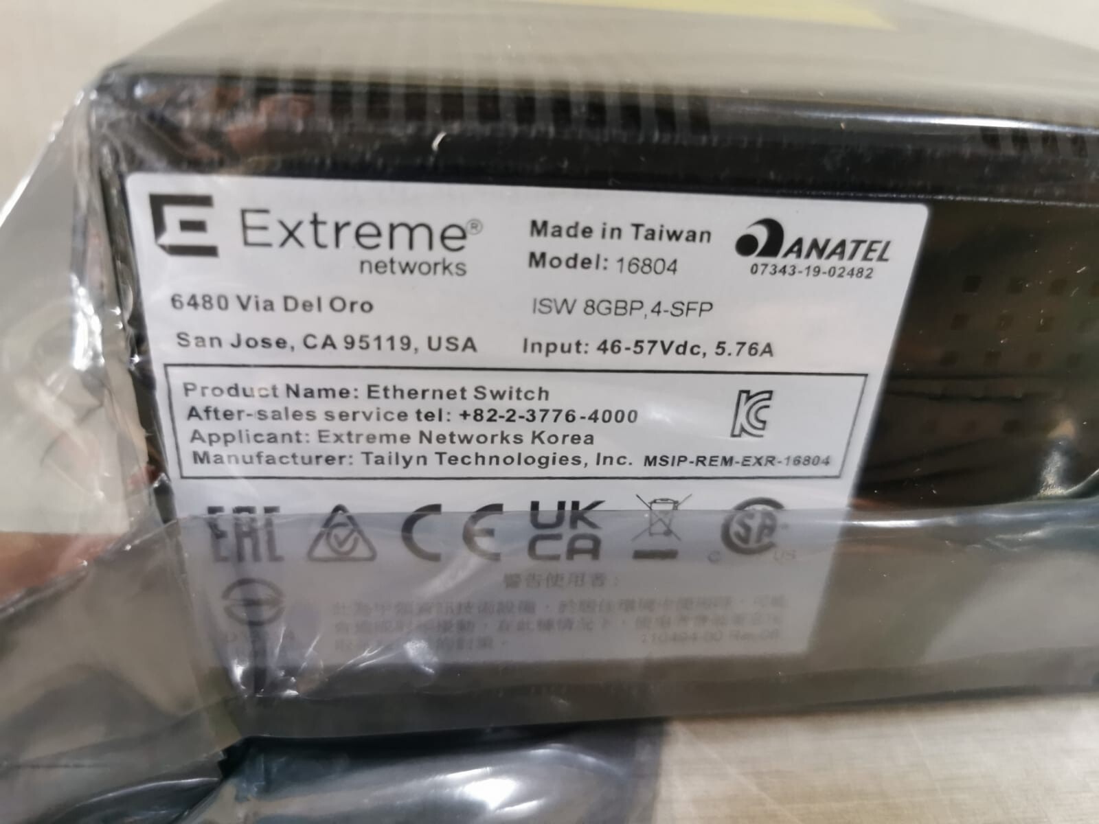 Extreme Networks 16804 EXTREME NETWORKS 16804 ISW 8GbP,SFP ETHERNET SWITCH 46-57VDC,5.76A 5