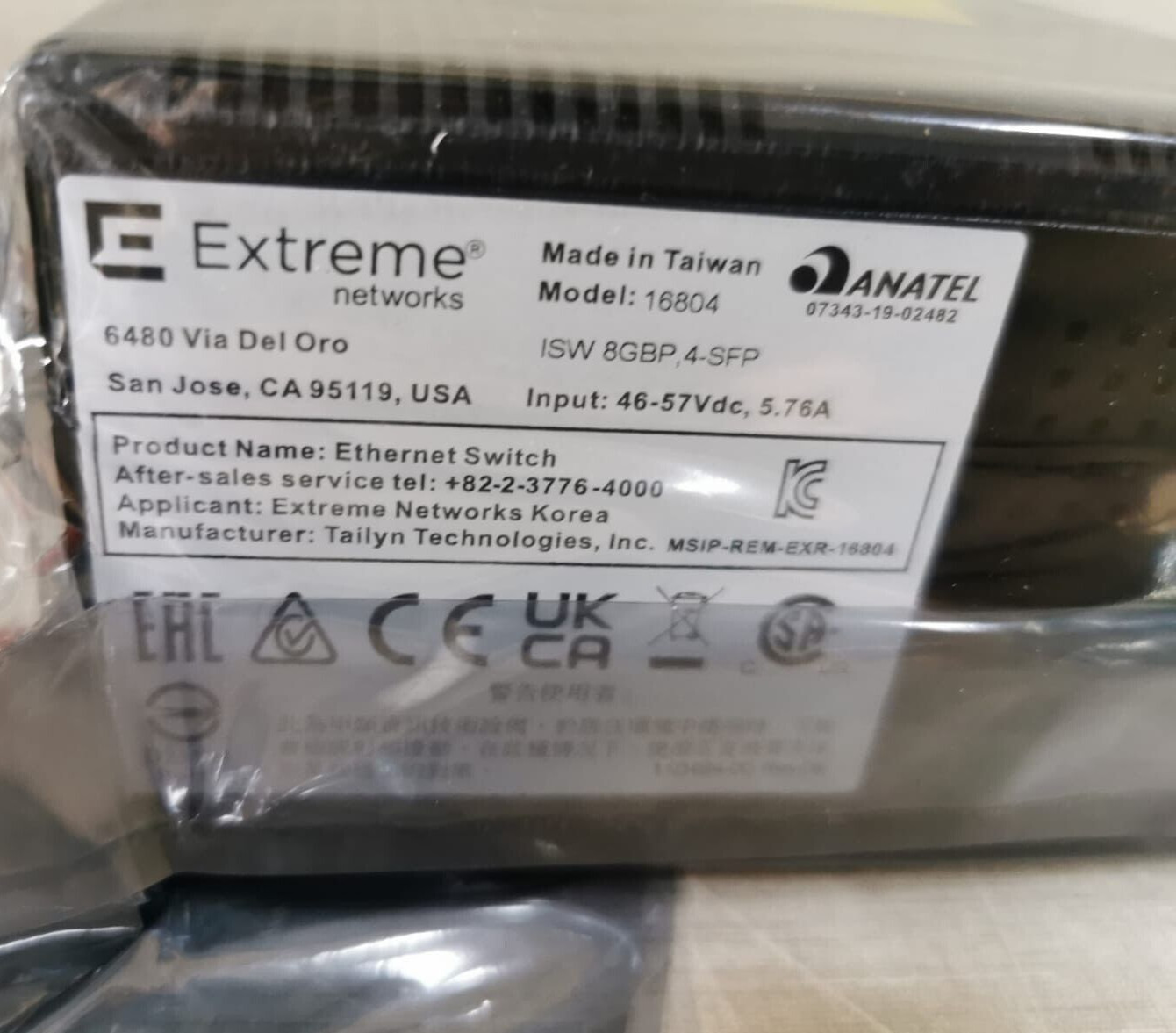 Extreme Networks 16804 EXTREME NETWORKS 16804 ISW 8GbP,SFP ETHERNET SWITCH 46-57VDC,5.76A 9