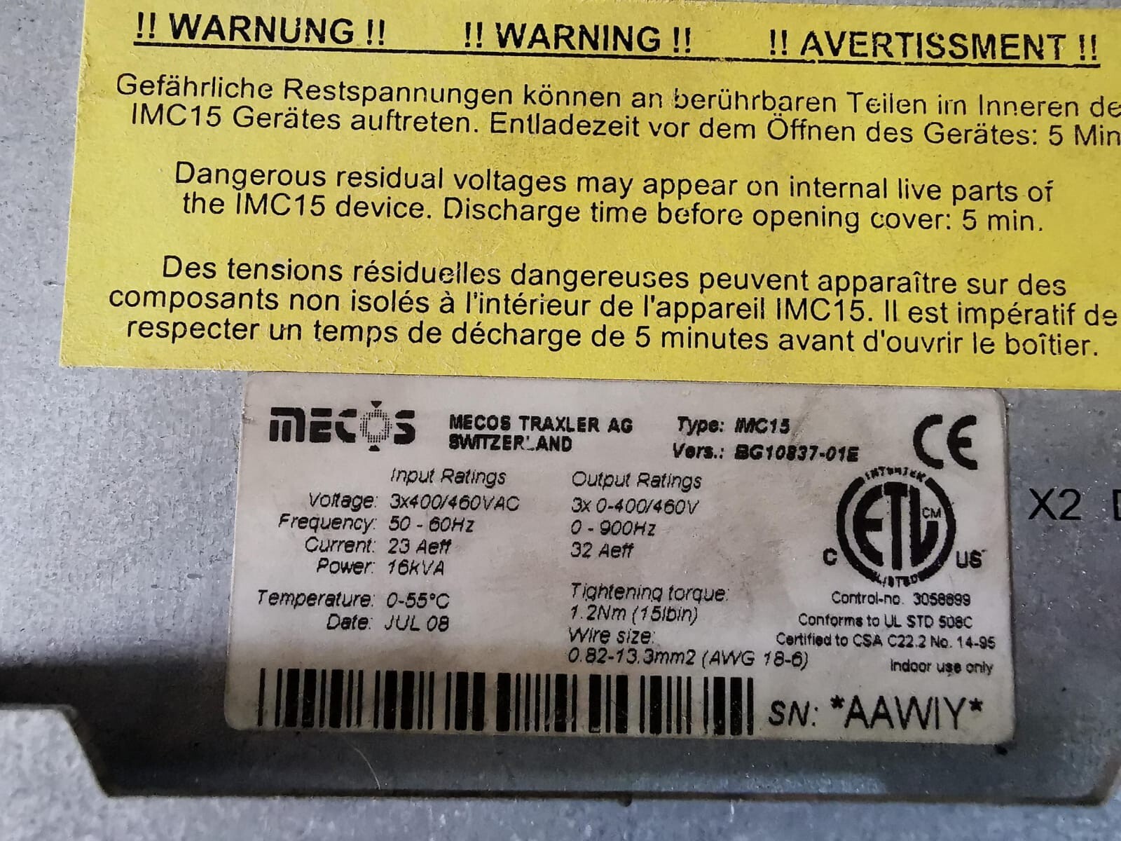 MECOS BG10873-01E MECOS IMC15 VERS.BG10873-01E 3X400/460VAC 50/60Hz INVERTER 9