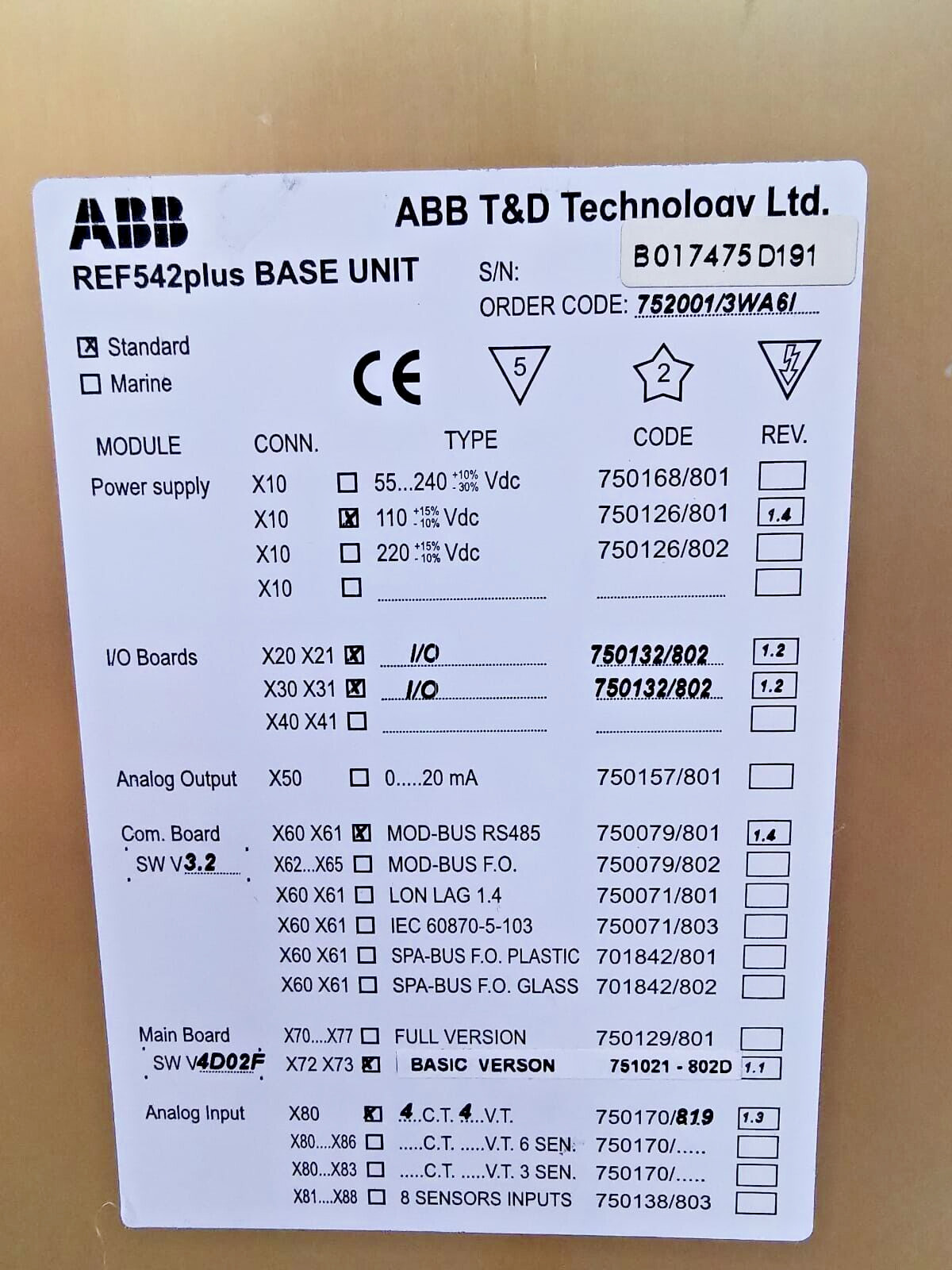 ABB 752001/3WA6I ABB REF542PLUS BASE UNIT 752001/3WA6I -UNIT ONLY 10