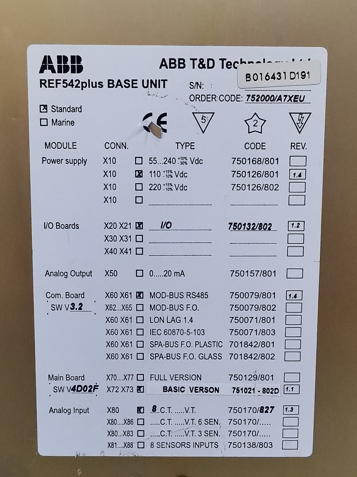ABB 752000/A7XEU ABB REF542PLUS BASE UNIT 752000/A7XEU-UNIT ONLY 3