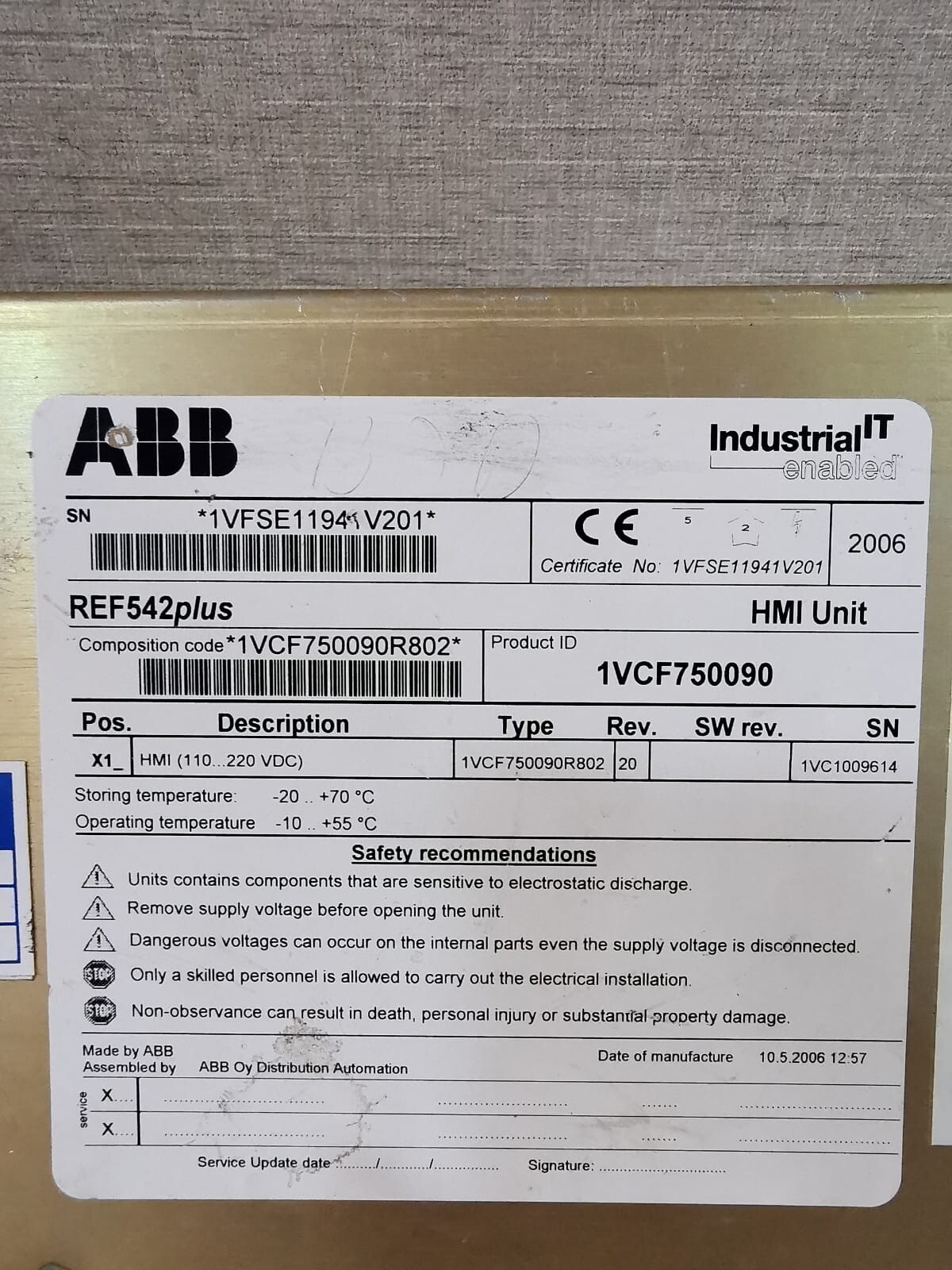 ABB 1VCF750090R802 ABB REF542 PLUS - ONLY SCREEN 4