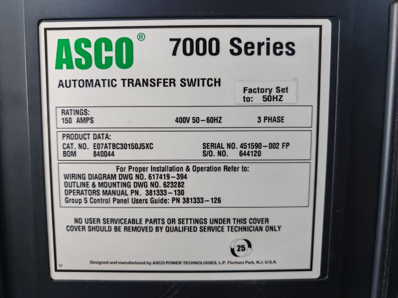 ASCO E07ATBC30150J5XC Asco 7000 Series E07ATBC30150J5XC Automatic Transfer Switch (150A) 2