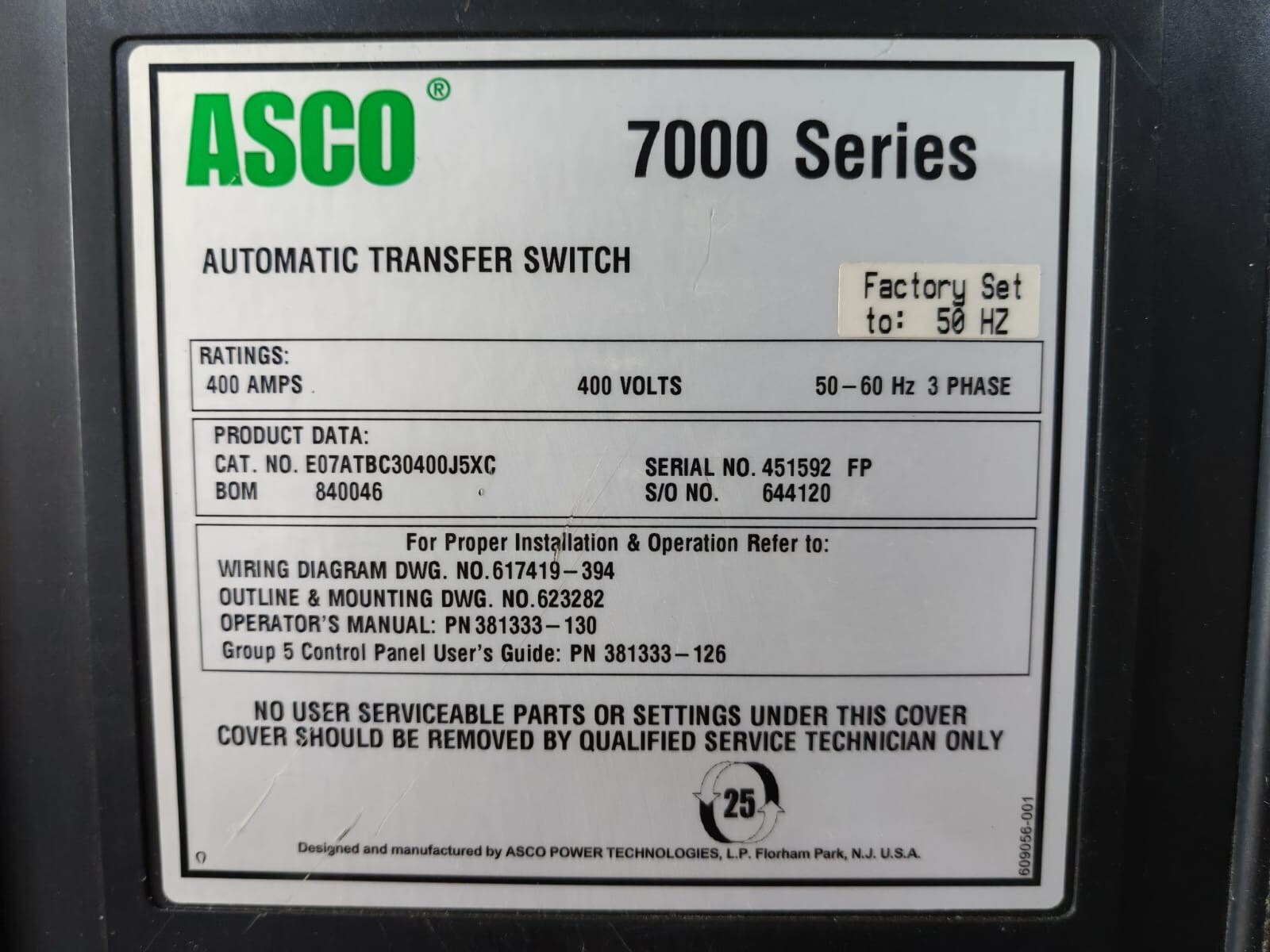 ASCO E07ATBC30400J5XC Asco 7000 Series E07ATBC30400J5XC Automatic Transfer Switch, NO Accessory (400A) 4