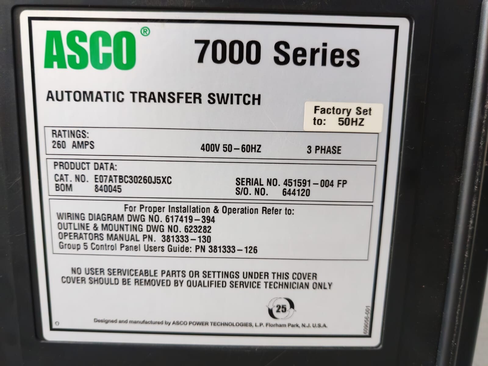 ASCO E07ATBC30260J5XC Asco 7000 Series E07ATBC30260J5XC Automatic Transfer Switch (260A) 4