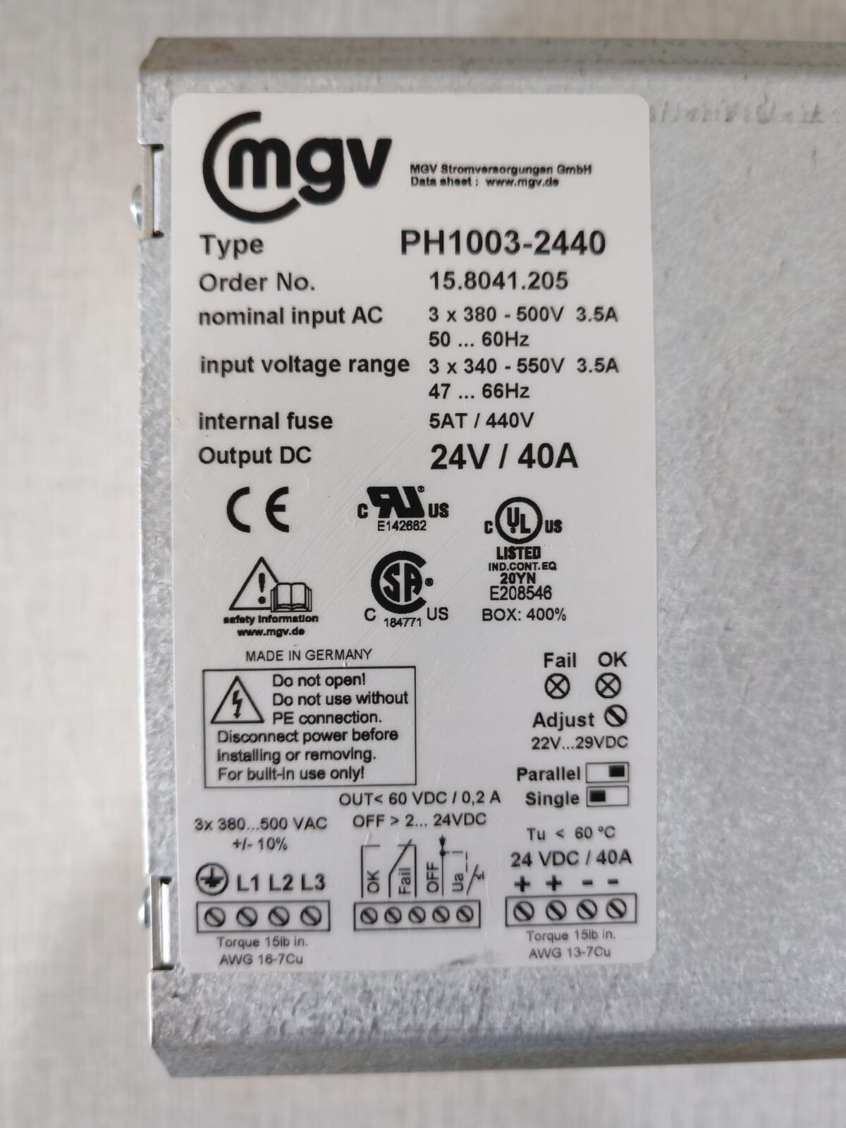 MGV 15.8041.205 MGV PH1003-2440 Output Power Supply 15.8041.205 3