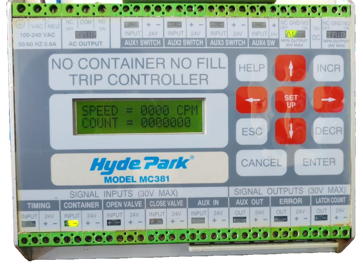 HYDE PARK MC381 NO CONTAINER NO FILL TRIP CONTROLLER 100-240VAC-TRIED & TESTED