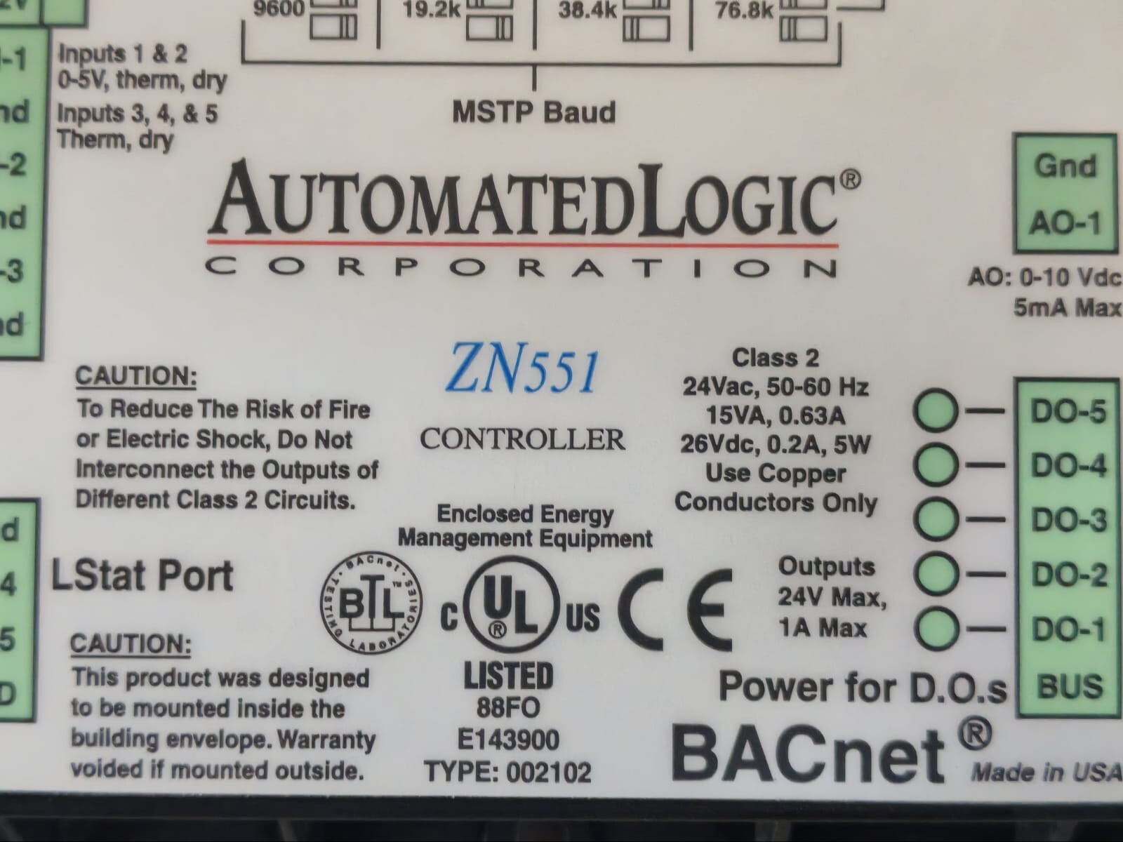 BACnet AUTOMATEDLOGIC REV-13 BACnet AUTOMATEDLOGIC ZN551 CONTROLLER MODULE REV 13 2