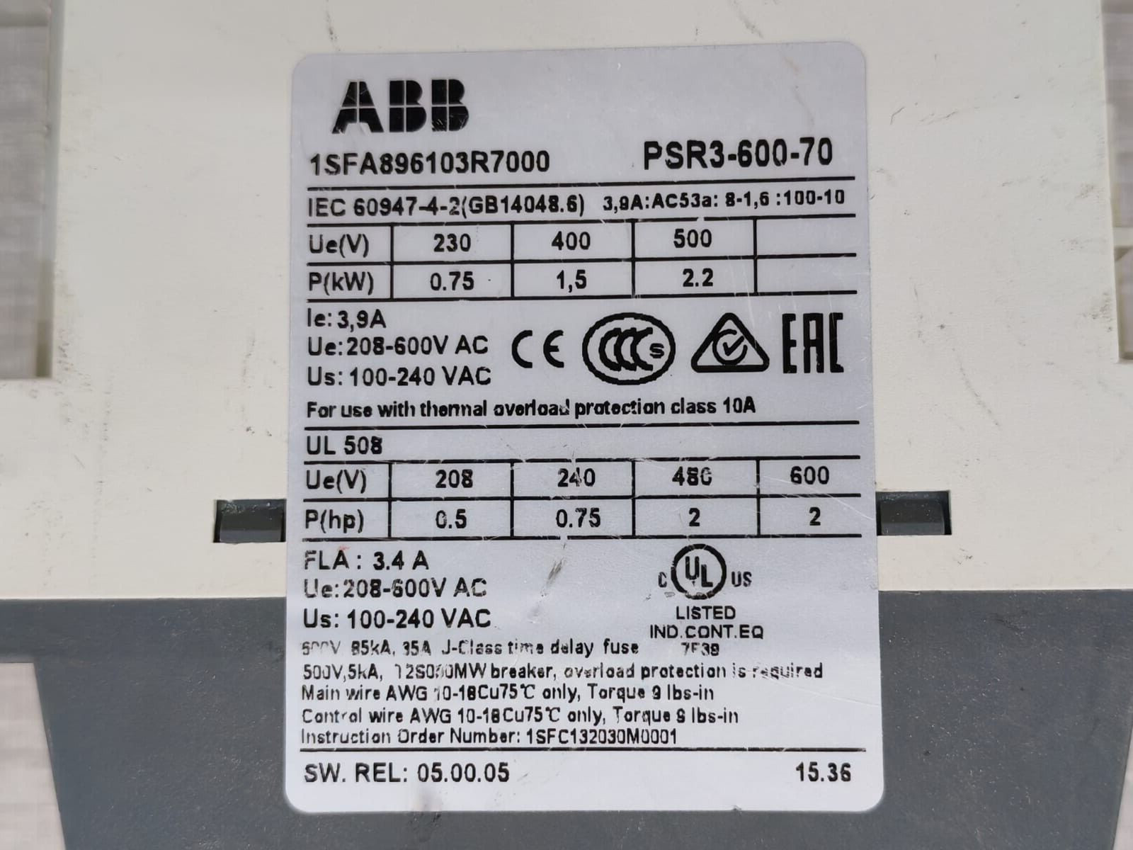 ABB 1SFA896103R7000 ABB PSR3-600-70 SOFT STARTER 1SFA896103R7000 2