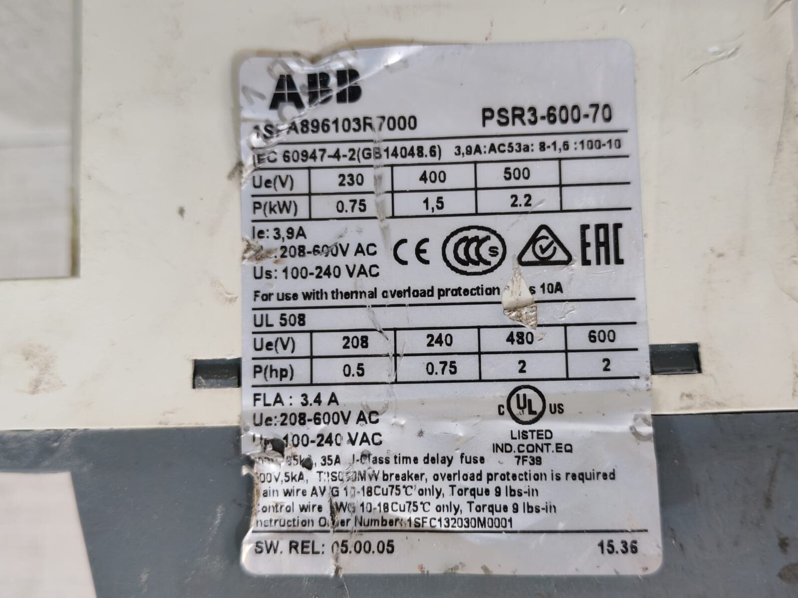 ABB 1SFA896103R7000 ABB PSR3-600-70 SOFT STARTER 1SFA896103R7000-WITH DAMAGED/BROKEN PART 4