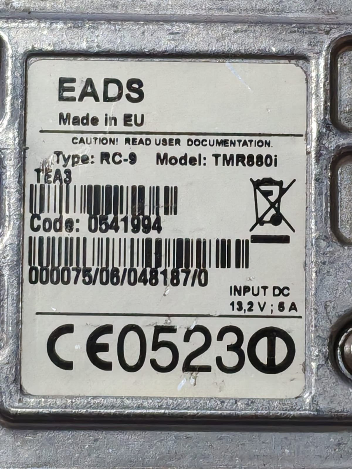 EADS UNKNOWN EADS TMR880i Remote Head UHF Digital TETRA Radio GPS JAVA Type: RC-9 2