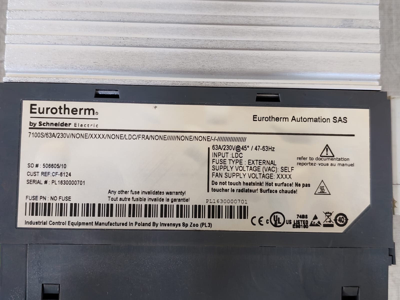 Invensys Eurotherm 7100S 63A/230V Invensys Eurotherm 7100S 63A/230V Solid State Relay CF-6124 4