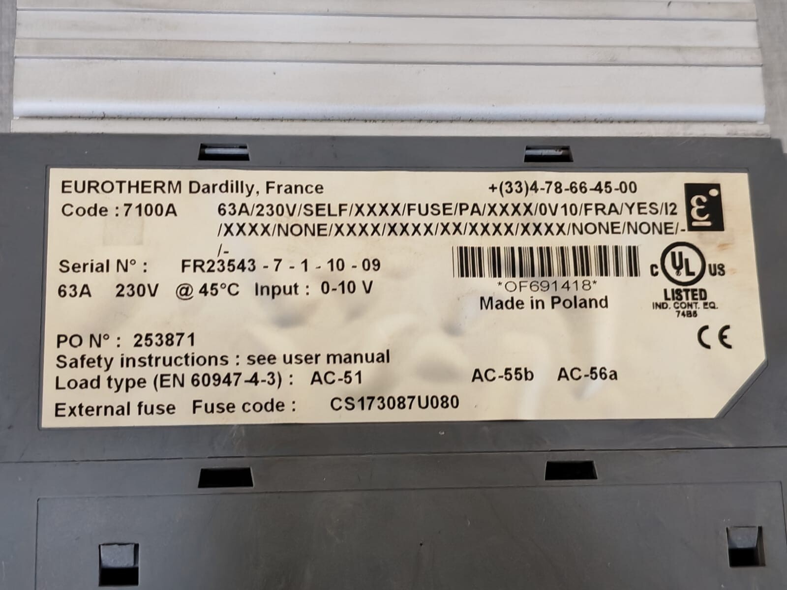 EUROTHERM 7100A 63A 230V EUROTHERM 7100A ADVANCED CONTROLLER POWER THYRISTOR 63A/230V 3