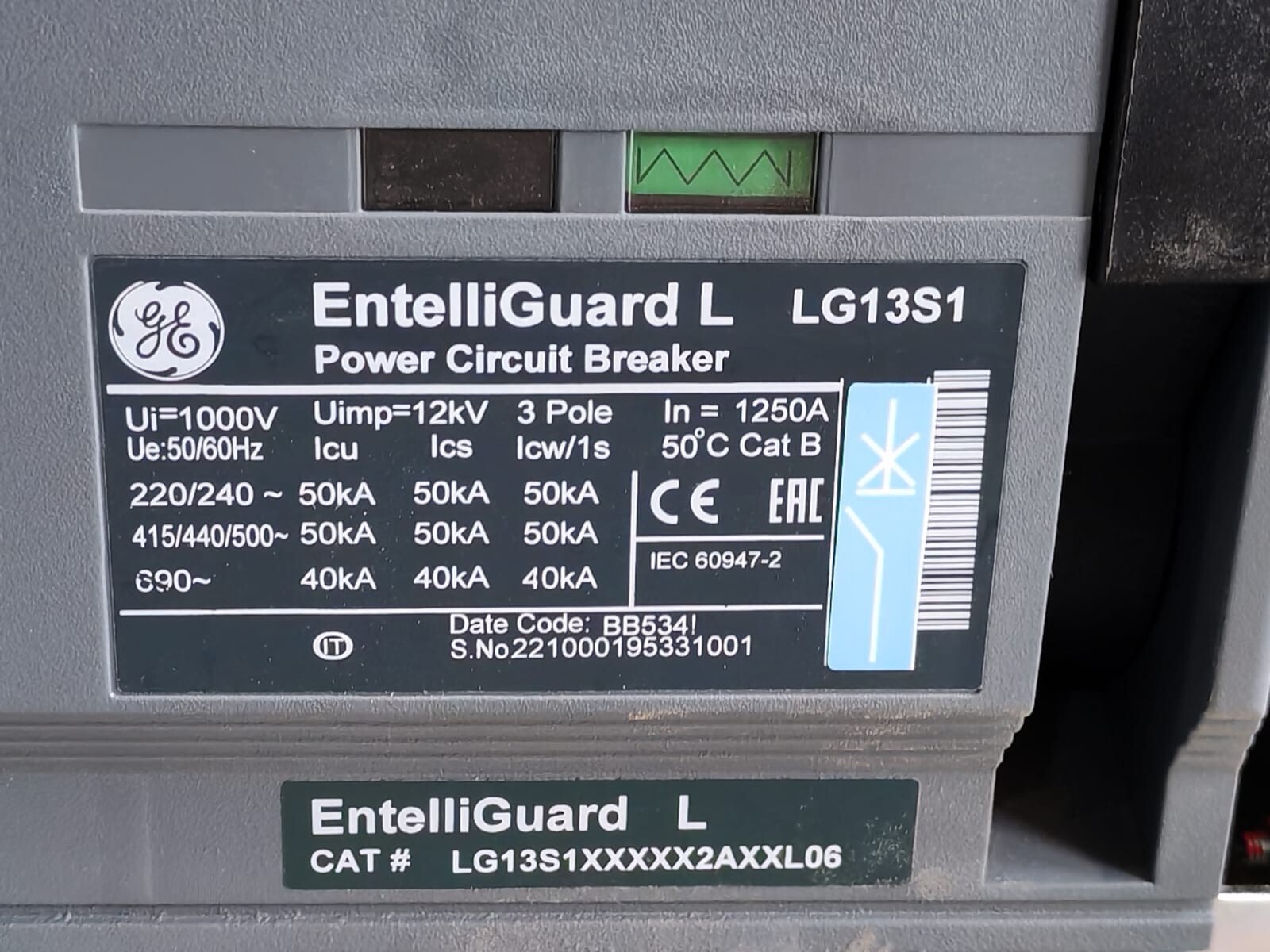 GE LTG00K9XXSFXXXX GE EntelliGuard L LG13S1 LTG00K9XXSFXXXX IN=1250A BB5341 Power Circuit Breaker 9