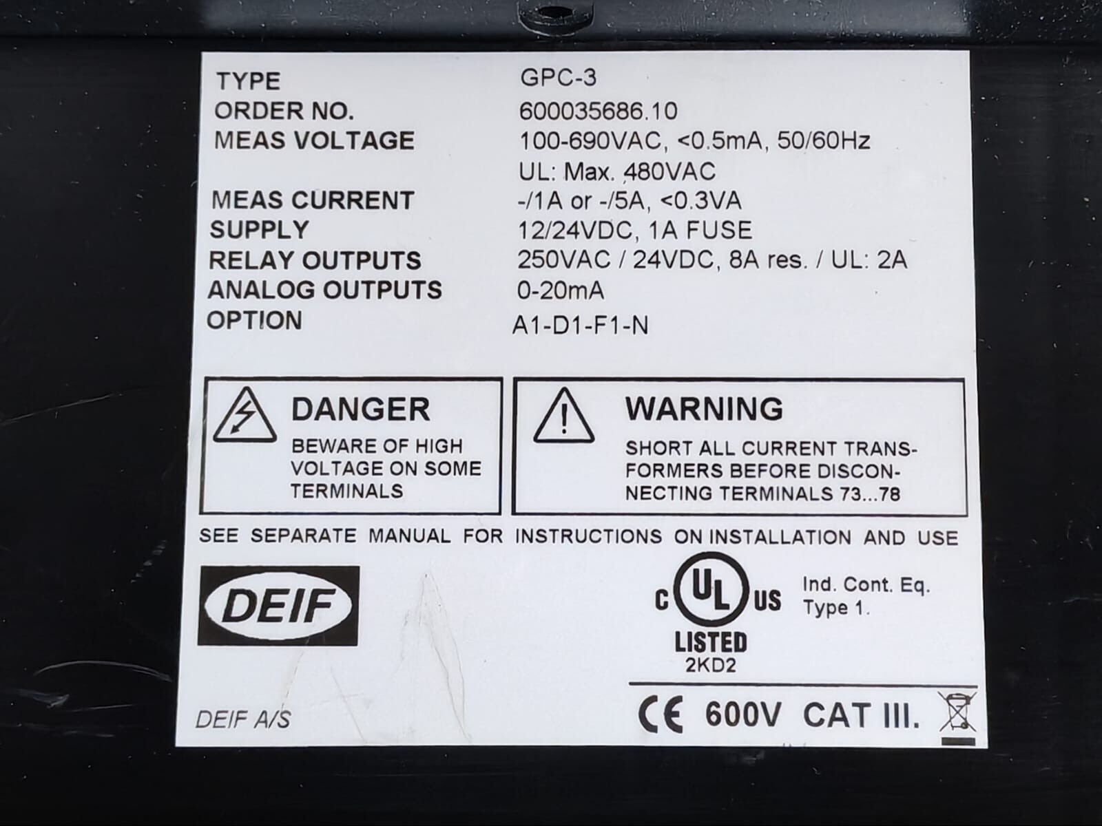 DEIF 600035686.10 DEIF GPC-3 GENERATOR PARALLELING CONTROLLER 600035686.10-WITH PART 4