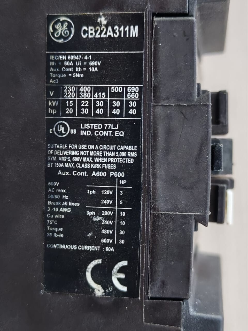GE CB22A311M3 GENERAL ELECTRIC CB22 11 SERIES CB CONTACTOR CB22A311M3 4