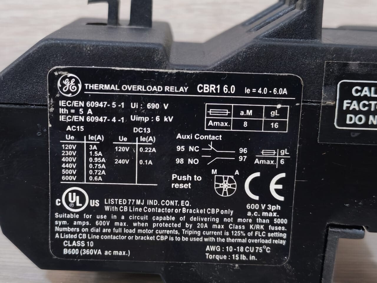 GE CBR1 GENERAL ELECTRIC CBR1 6.0 THERMAL OVERLOAD RELAY 2