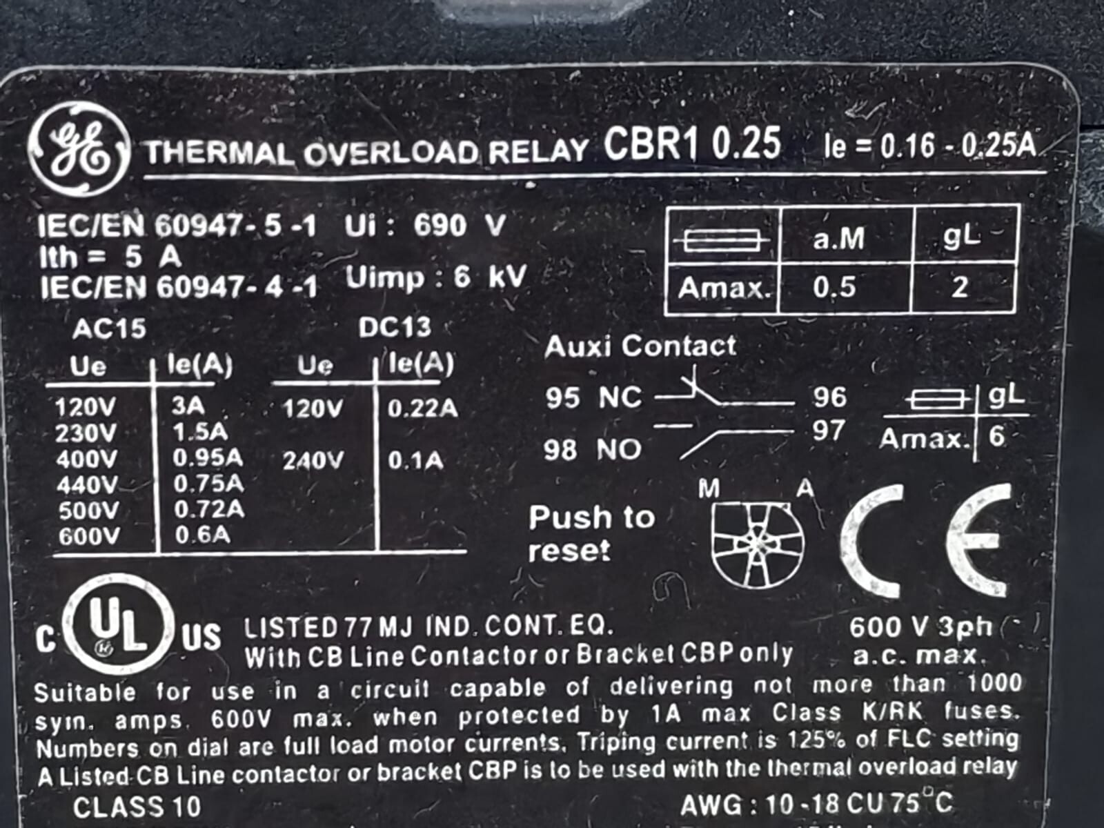 GE 0.25 GENERAL ELECTRIC CBR1 0.25 THERMAL OVERLOAD RELAY 2