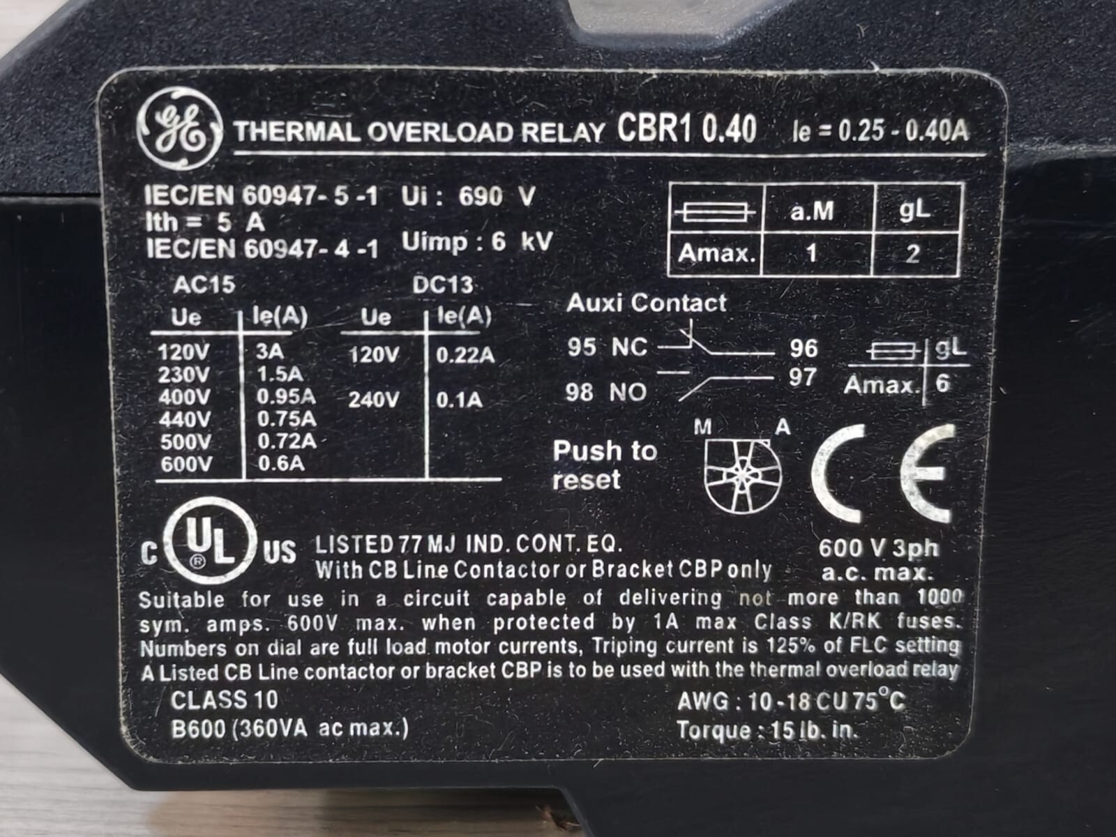 GE 0.40 GENERAL ELECTRIC CBR1 0.40 THERMAL OVERLOAD RELAY 2