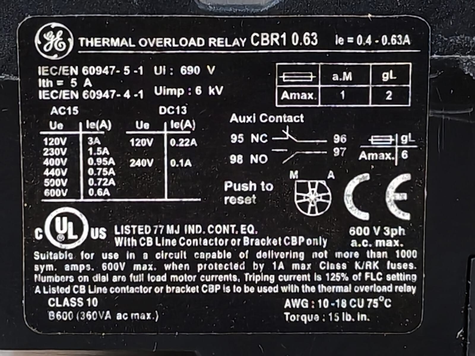 GE 0.63 GENERAL ELECTRIC CBR1 0.63 THERMAL OVERLOAD RELAY 2