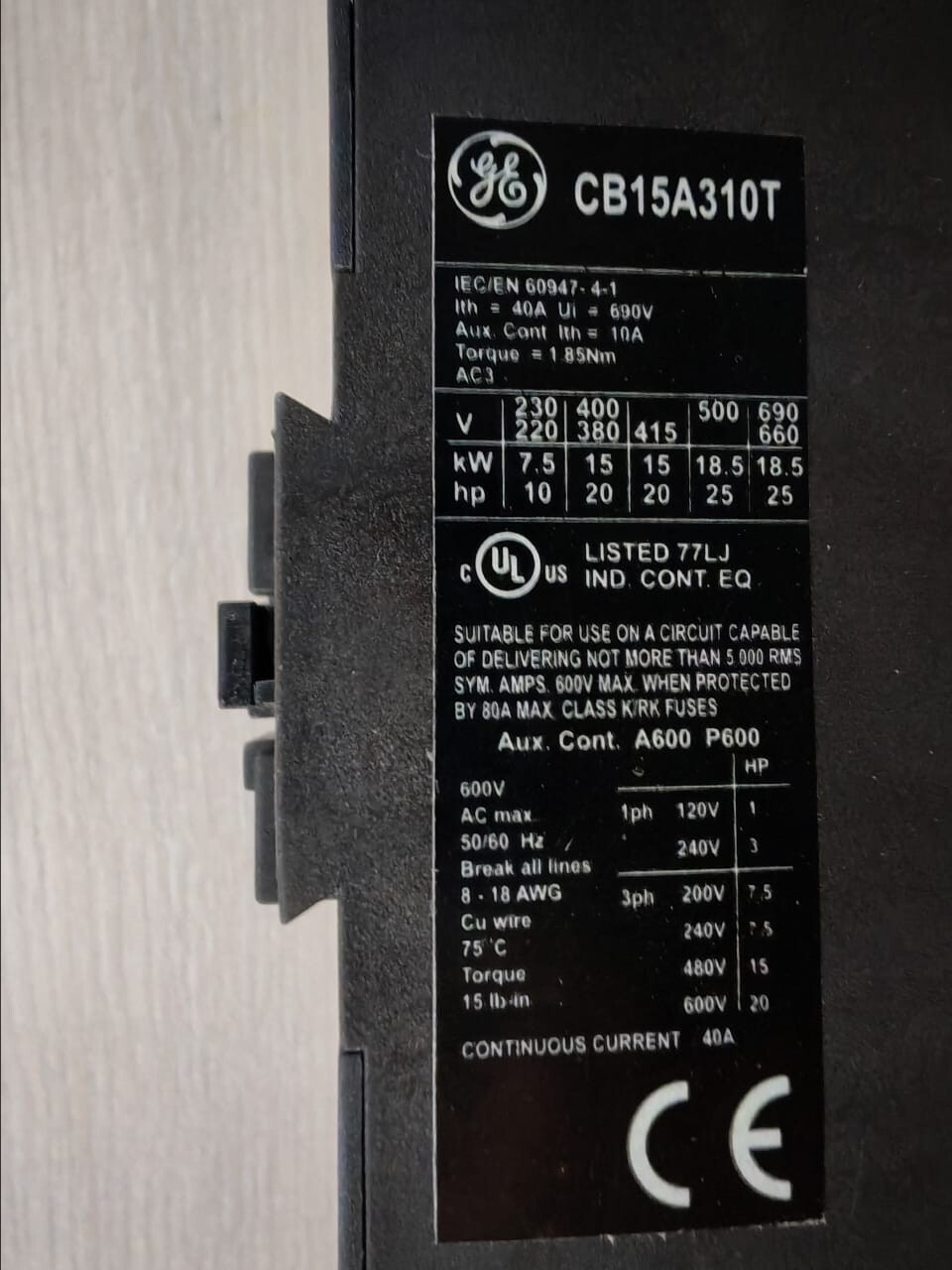 GE CB1510/CB15A310T GENERAL ELECTRIC CB1510/CB15A310T 3-PHASE CONTACTOR 3