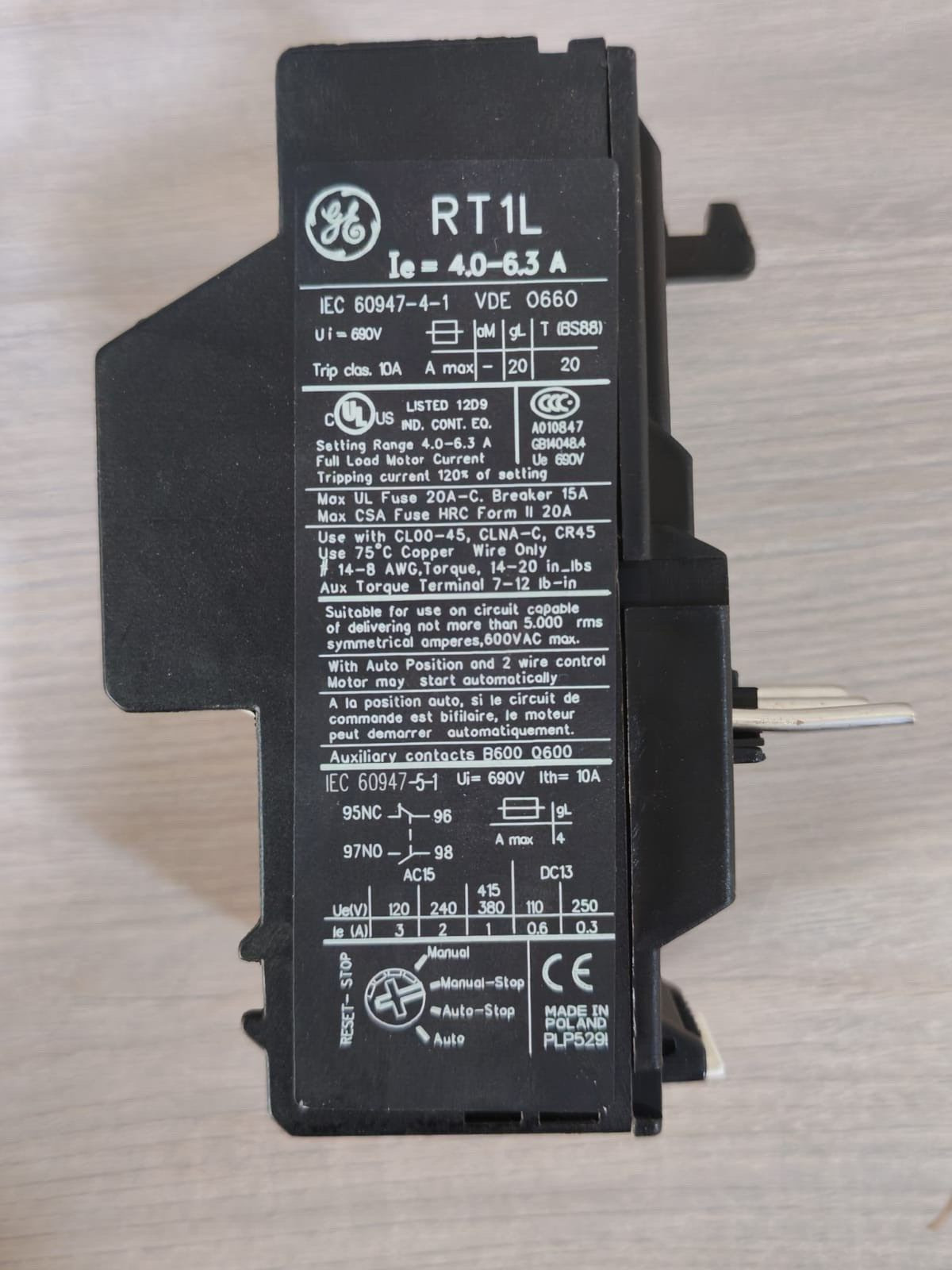 GE AUTO/MANUAL GE RT1L 113708 AUTO/MANUAL 4.0-6.3 A Overload Relay 9