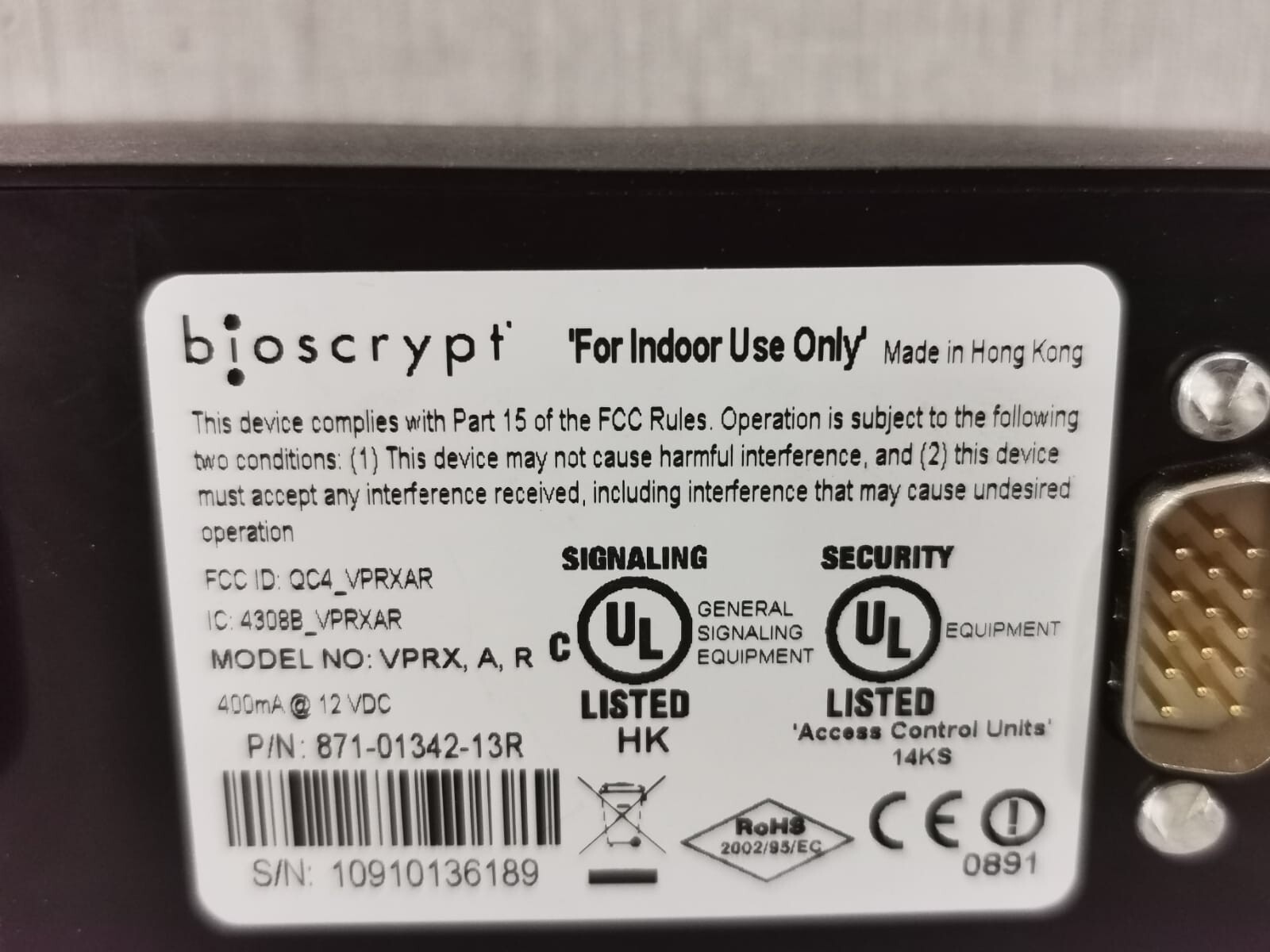 BIOSCRYPT 871-01342-13R BIOSCRYPT VPRX,A R 871-01342-13R L-1 IDENTITY FINGERPRINT READER 6