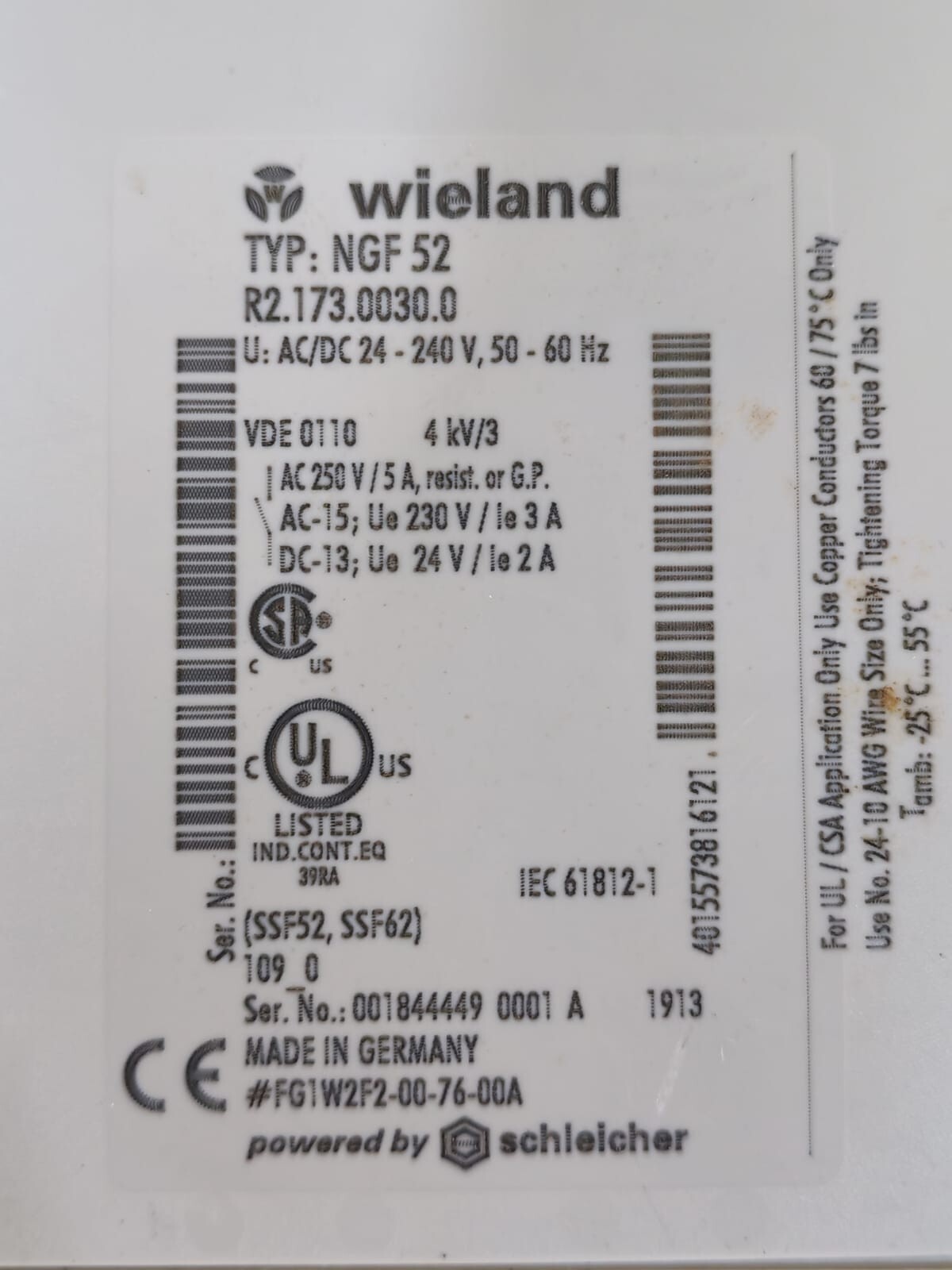 Wieland NGF52 WIELAND/SCHLEICHER NGF 52 SAFETY RELAY R2.173.0030.0 4