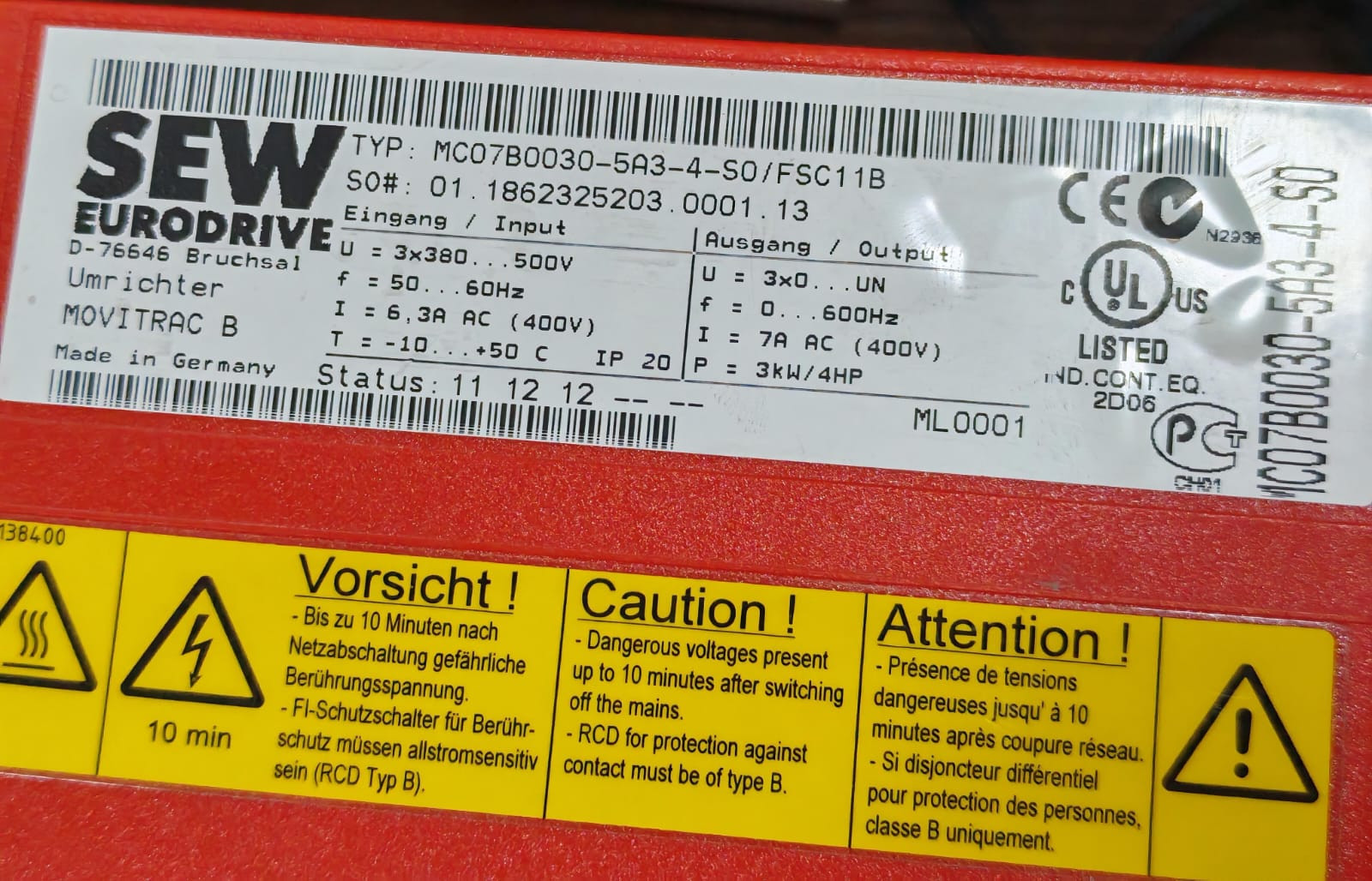 Sew Eurodrive MC07B0030-5A3-4-S0/ FSC11B SEW EURODRIVE MC07B0030-5A3-4-S0/ FSC11B MOVITRAC B- W/O CONTROLLER 8