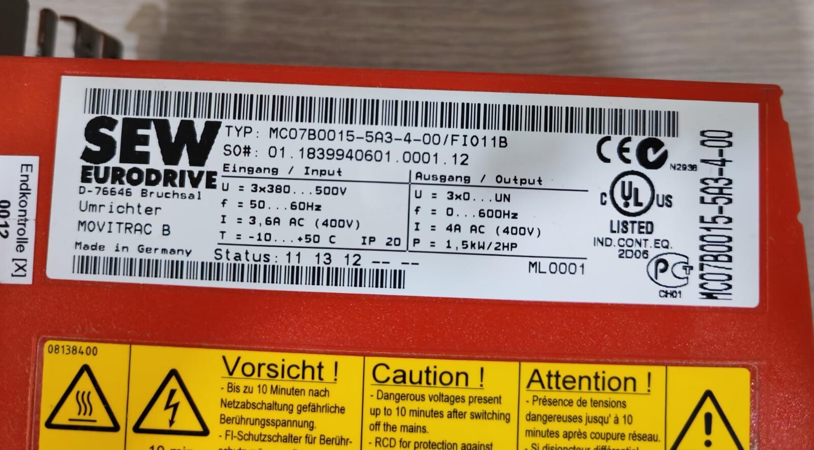 SEW Eurodrive MC07B0015-5A3-4-00 SEW EURODRIVE MC07B0015-5A3-4-00/ FI011B MOVITRAC B 5