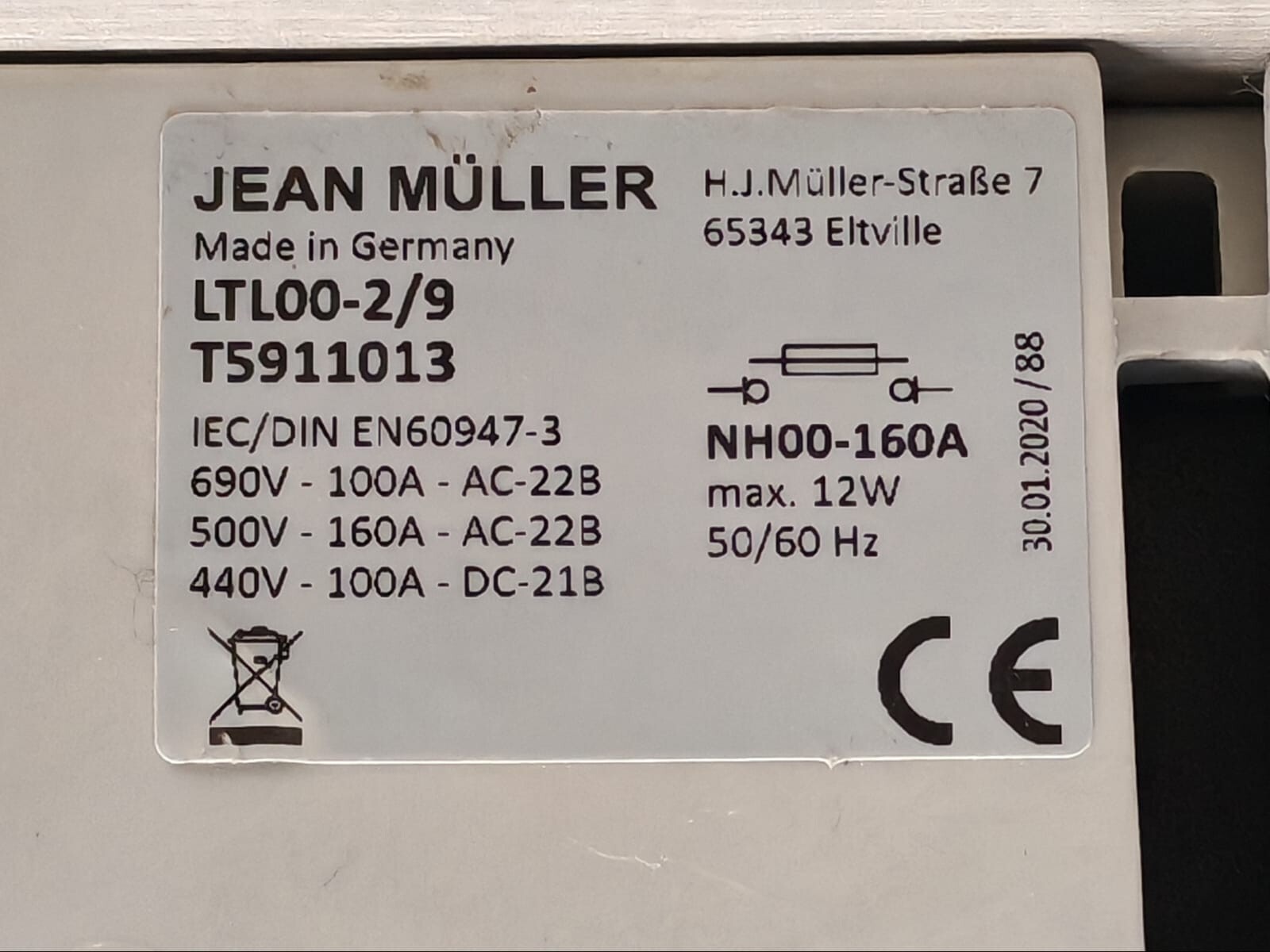 JEAN MULLER T5911013 JEAN MULLER LTL00-2/9 FUSE SWITCH DISCONNECTOR T5911013 2