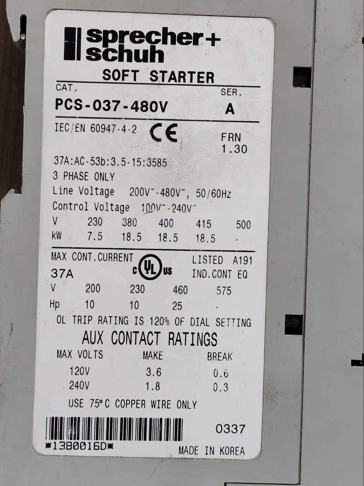 SPRECHER+SCHUH PCS-037-480V SPRECHER+SCHUH PCS-037-480V SER. A SOFT STARTER 5