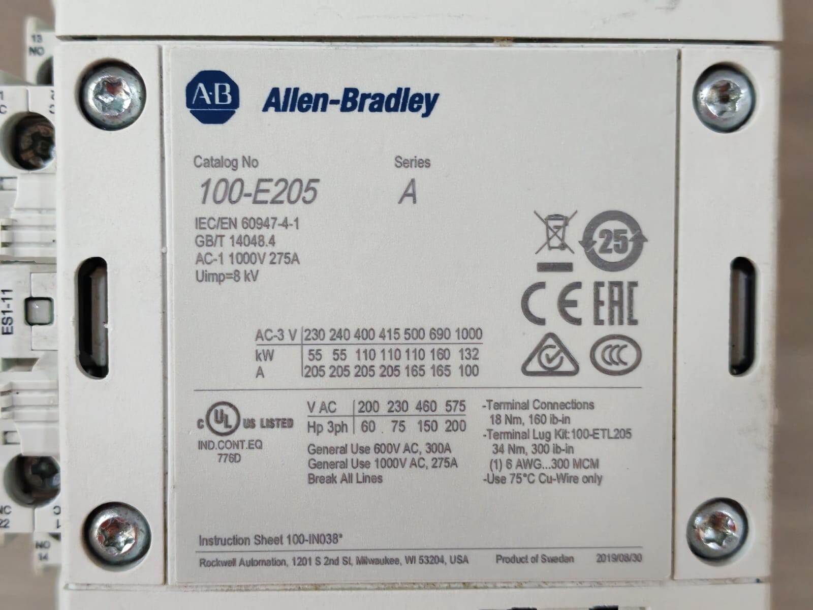 Allen-Bradley 100-E205 ALLEN BRADLEY 100-E205 SER.A 3-POLE DIRECT ONLINE CONTRACTOR 2