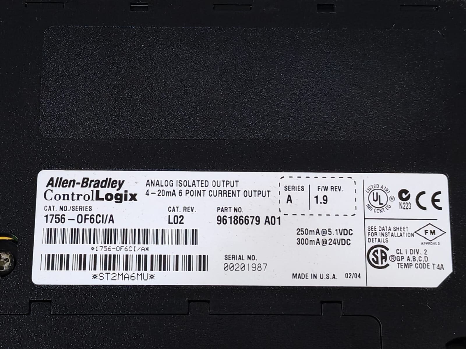 Allen-Bradley 96186679 A01 ALLEN-BRADLEY 1756-0F6CI/A CONTROLOGIX ANALOG ISOLATED OUTPUT 96186679 A01 3