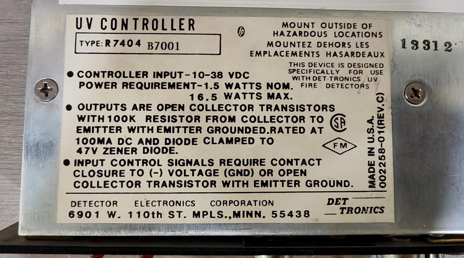 DET TRONICS R7404-B7001 DET TRONICS R7404-B7001 002258-01 REV.C FLAME DETECTION SYSTEM 10
