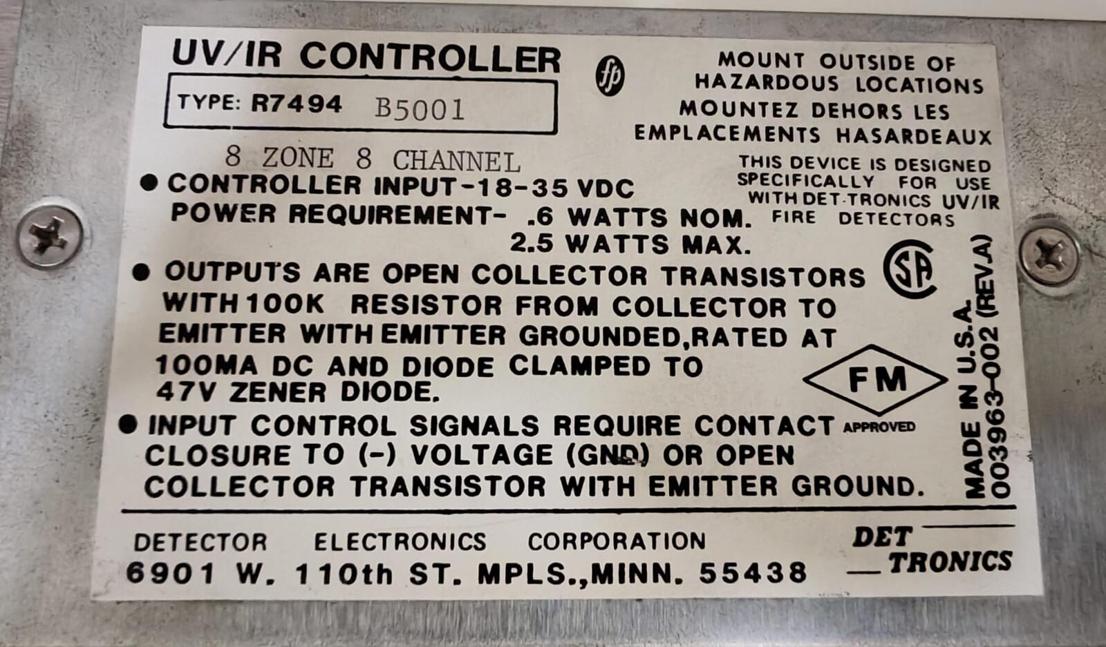 DET TRONICS 003955-003 REV.A DET TRONICS R7494 B5001 UV/IR CONTROLLER 003955-003 REV.A 8ZONE 8 CHANNEL 7