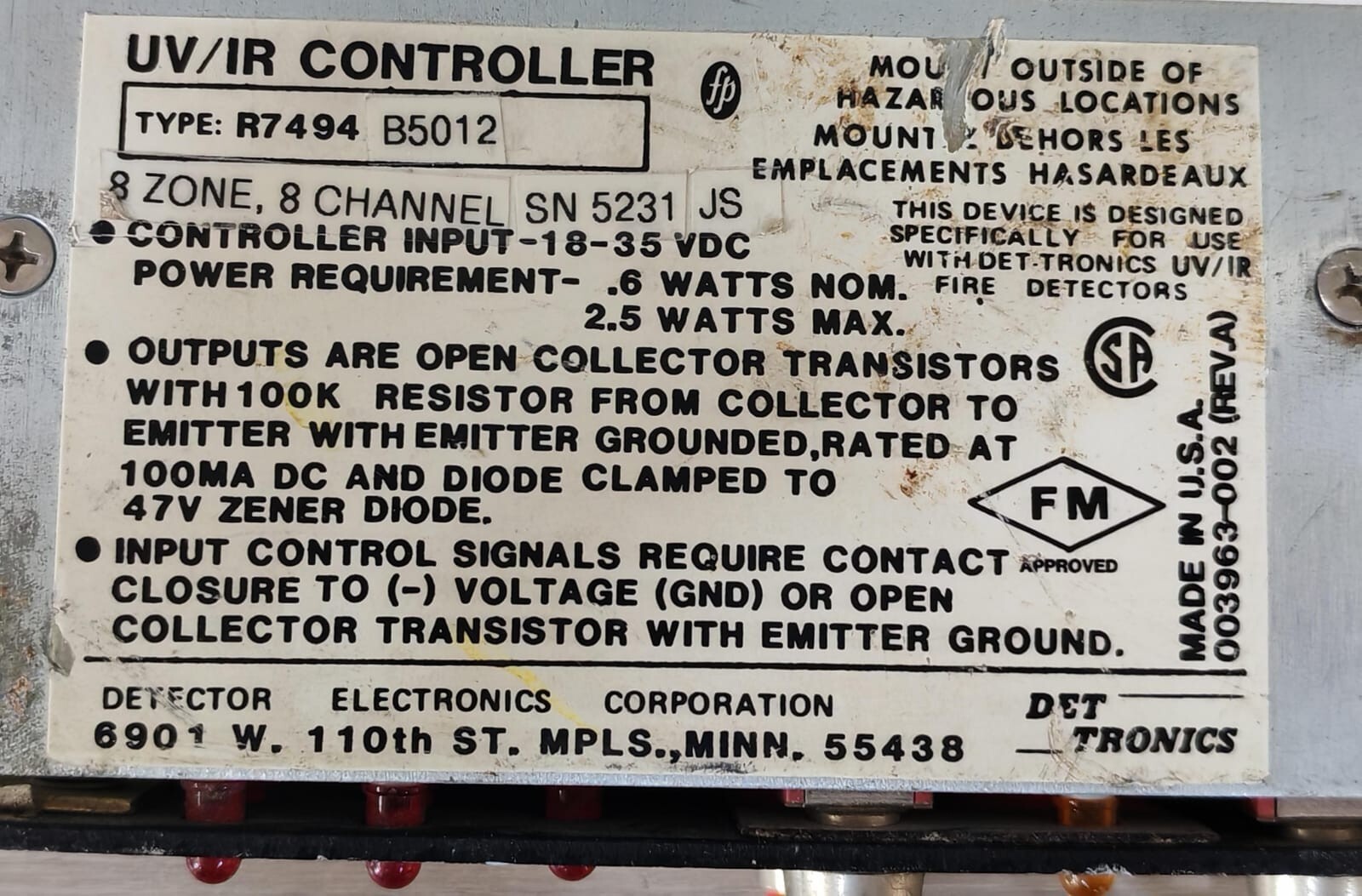 DET TRONICS R7494 DET TRONICS R7494 B5001 003963-002 REV.C UV / IR CONTROLLER 8ZONE 8 CHANNEL 10