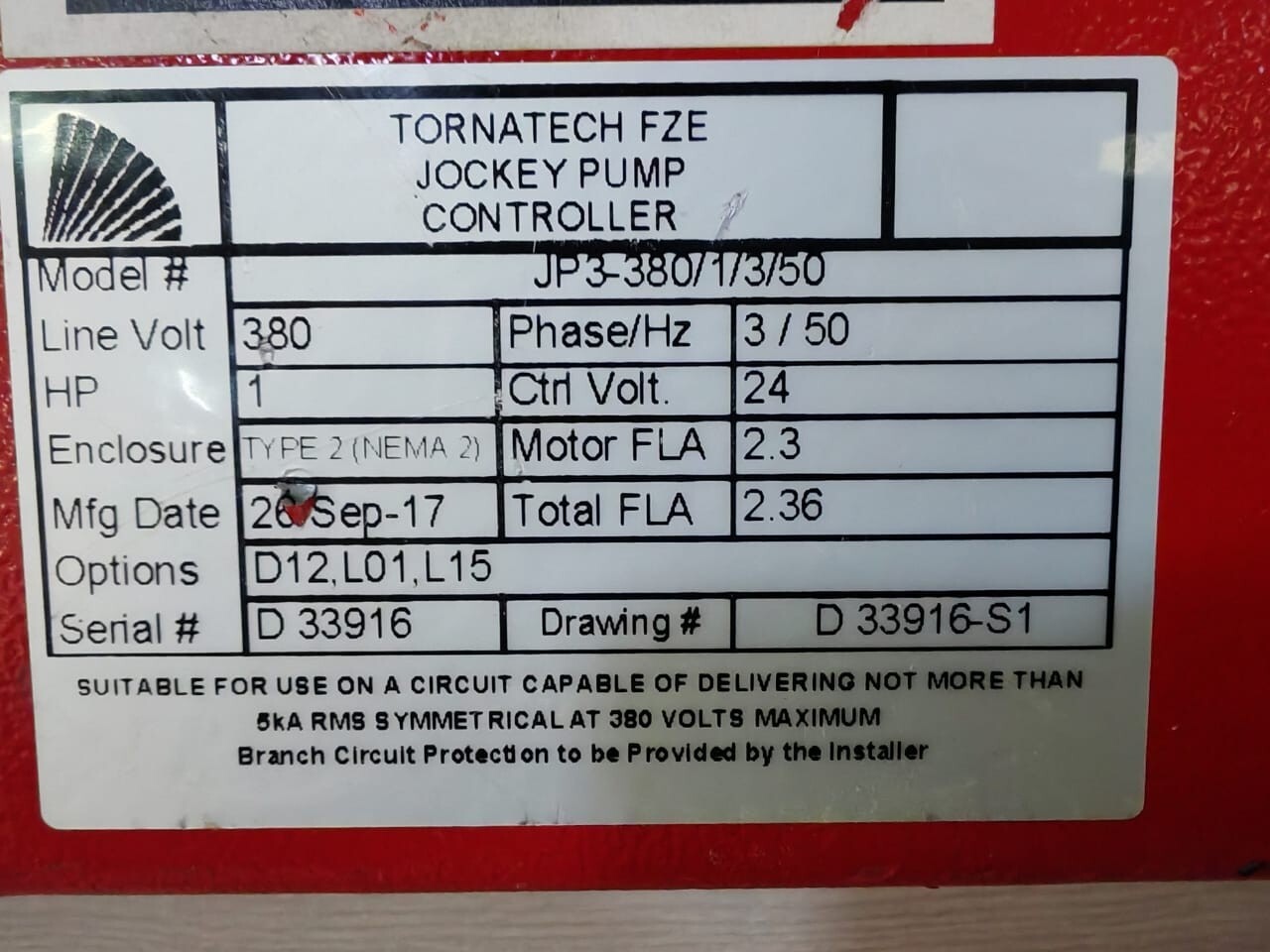Tornatech JP3-380/1/3/50 TORNATECH JP3-380/1/3/50 TORNATECH FZE JOCKEY PUMP CONTROLLER 3