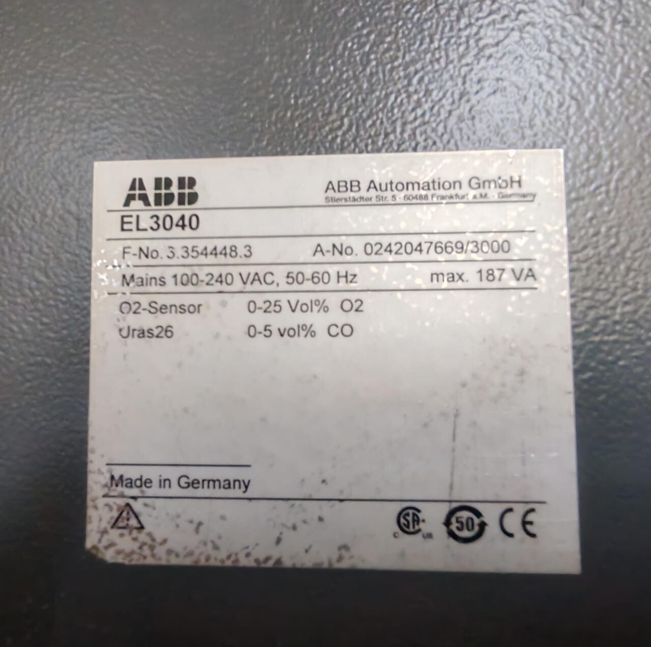 ABB PANEL-100 ABB EL3040 GAS ANALYZER PANEL 100-240VAC 50-60Hz 8