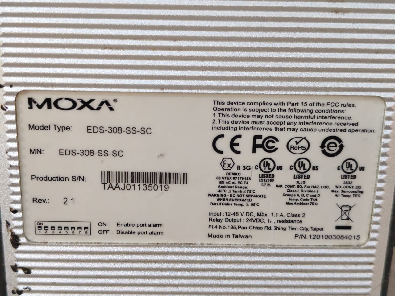 Moxa EDS-308-SS-SC MOXA EDS-308-SS-SC REV.2.1 P/N 1201003084015 ETHERNET SWITCH 8