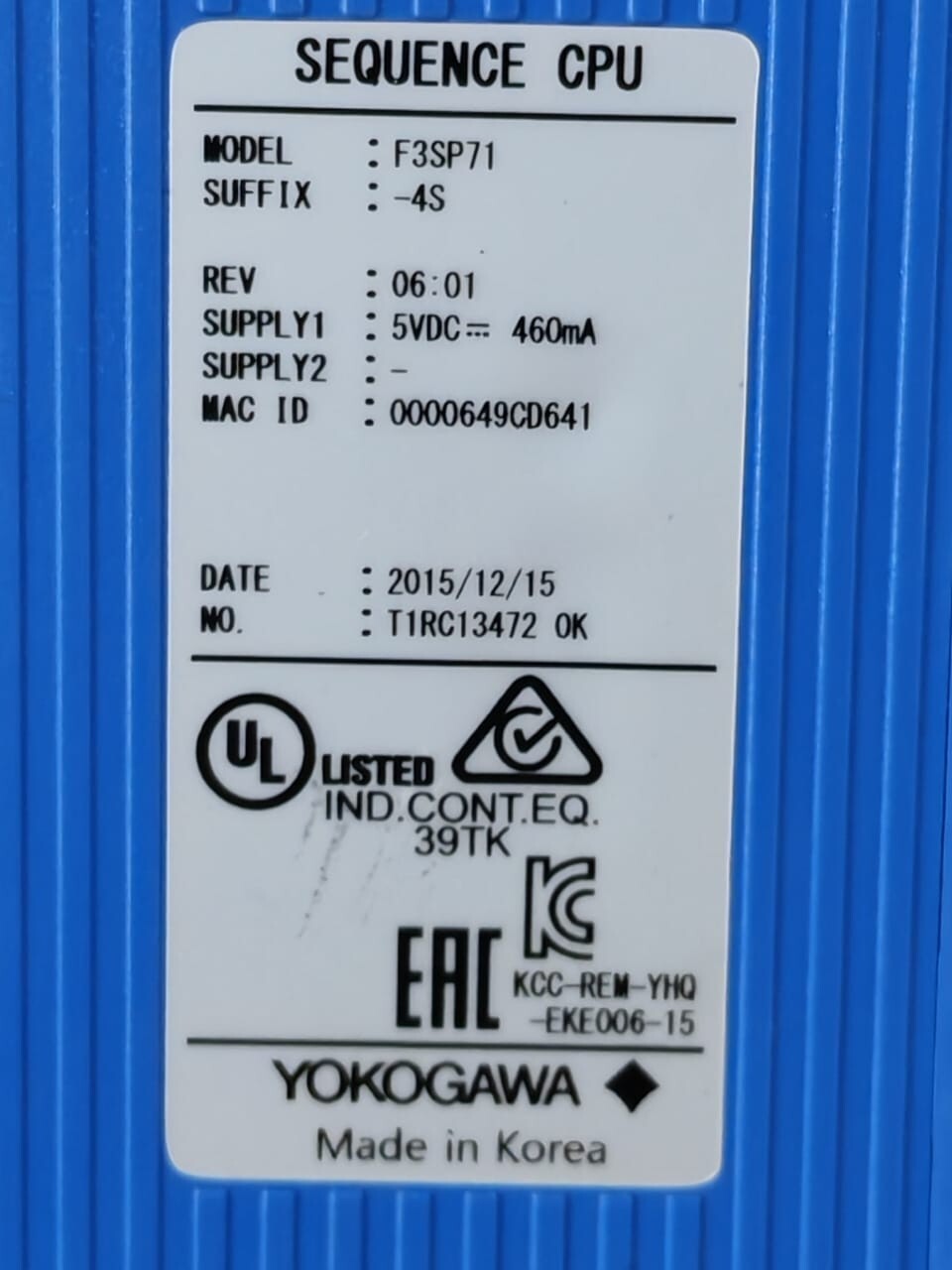 Yokogawa F3SP71-4S YOKOGAWA F3SP71-4S REV.06.01 SEQUENCE CPU MODULE 4