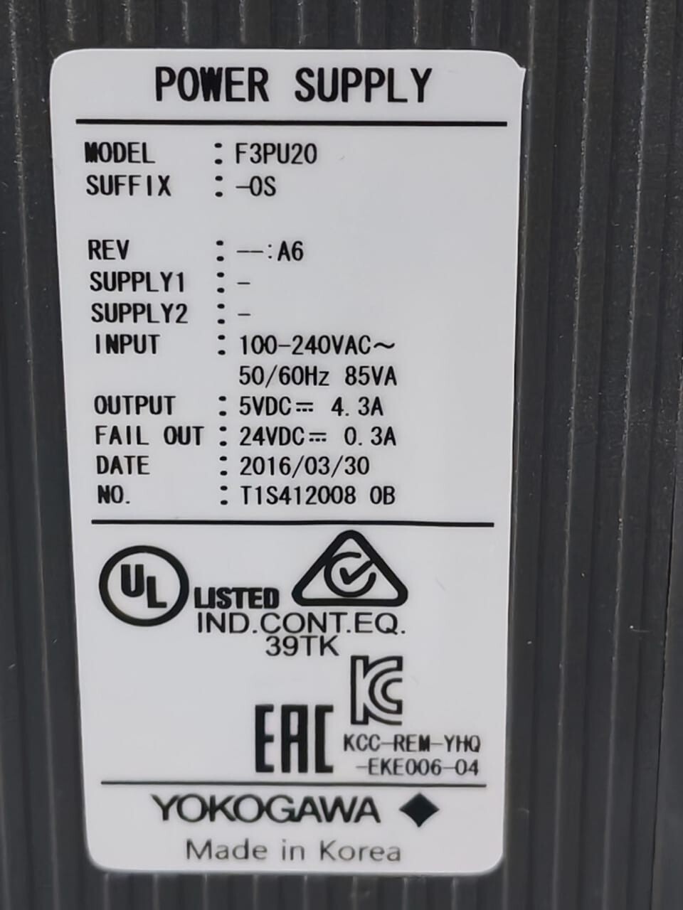 Yokogawa F3PU20-0S YOKOGAWA F3PU20-0S REV.A6 POWER SUPPLY 3