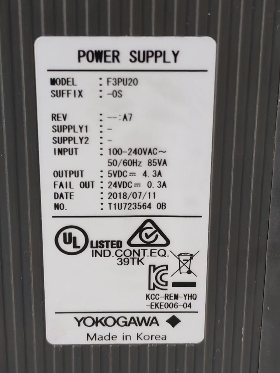 Yokogawa F3PU20-0S YOKOGAWA F3PU20-0S REV.A7 POWER SUPPLY- WITHOUT COVER 4