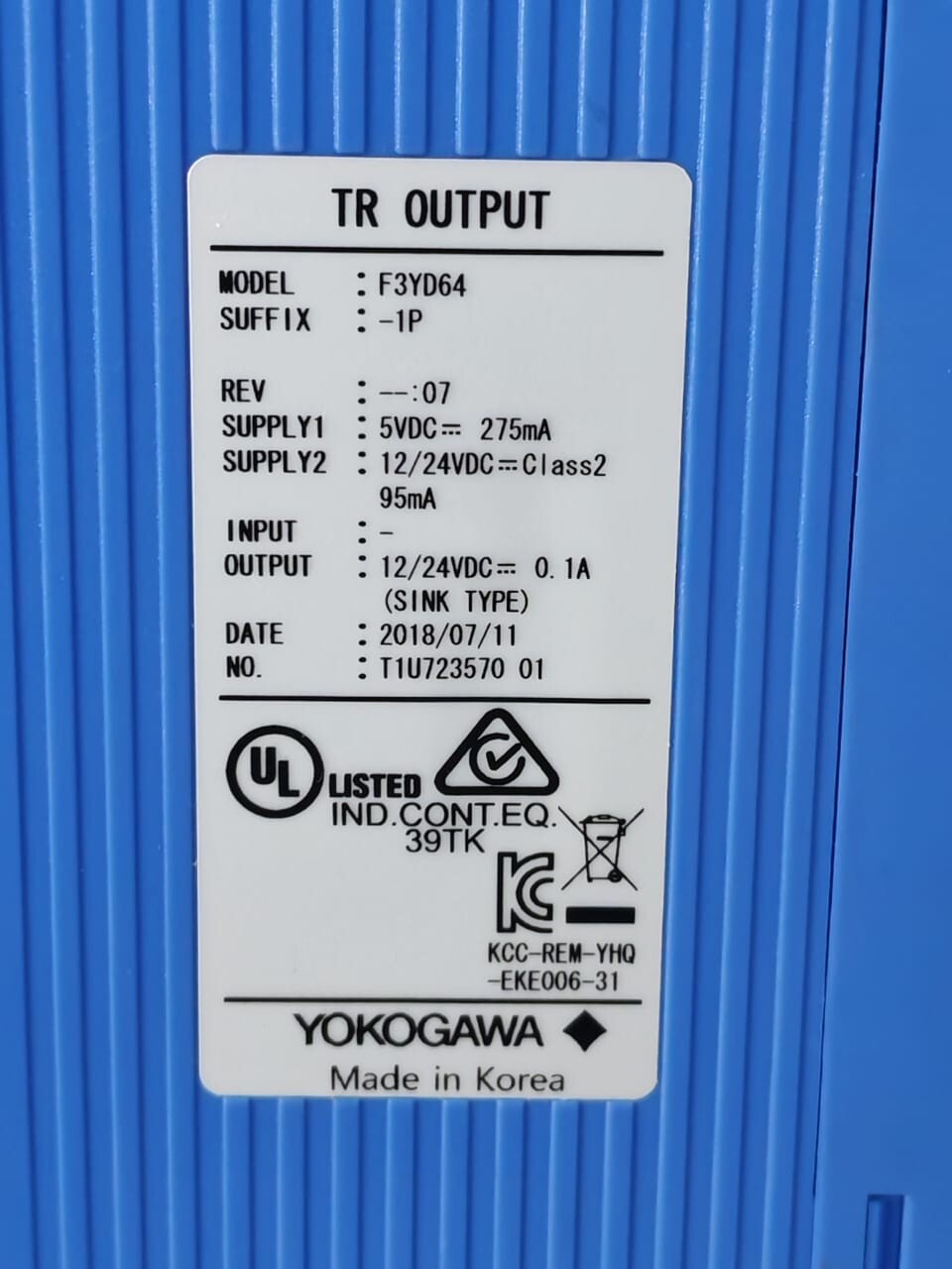 Yokogawa F3YD64-1P YOKOGAWA F3YD64-1P REV.07 TR OUTPUT & F3XD32-3F STYLE S1 REV.01 DC INPUT MODULE 5