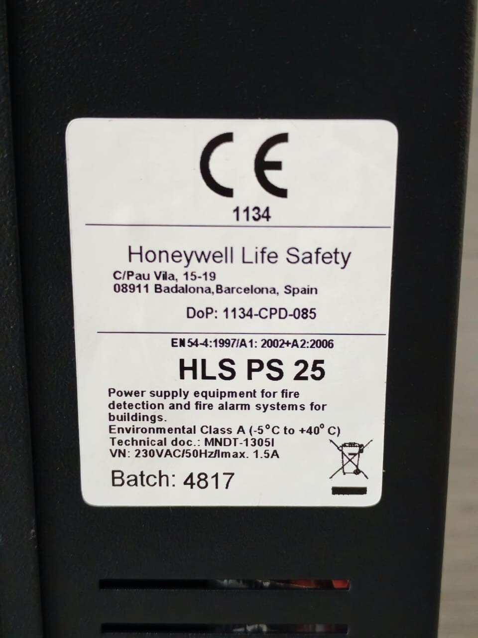 Honeywell HLSPS25 HONEYWELL HLSPS25/ HLSPS25 V1.1 POWER SUPPLY 24V.25Amp 10