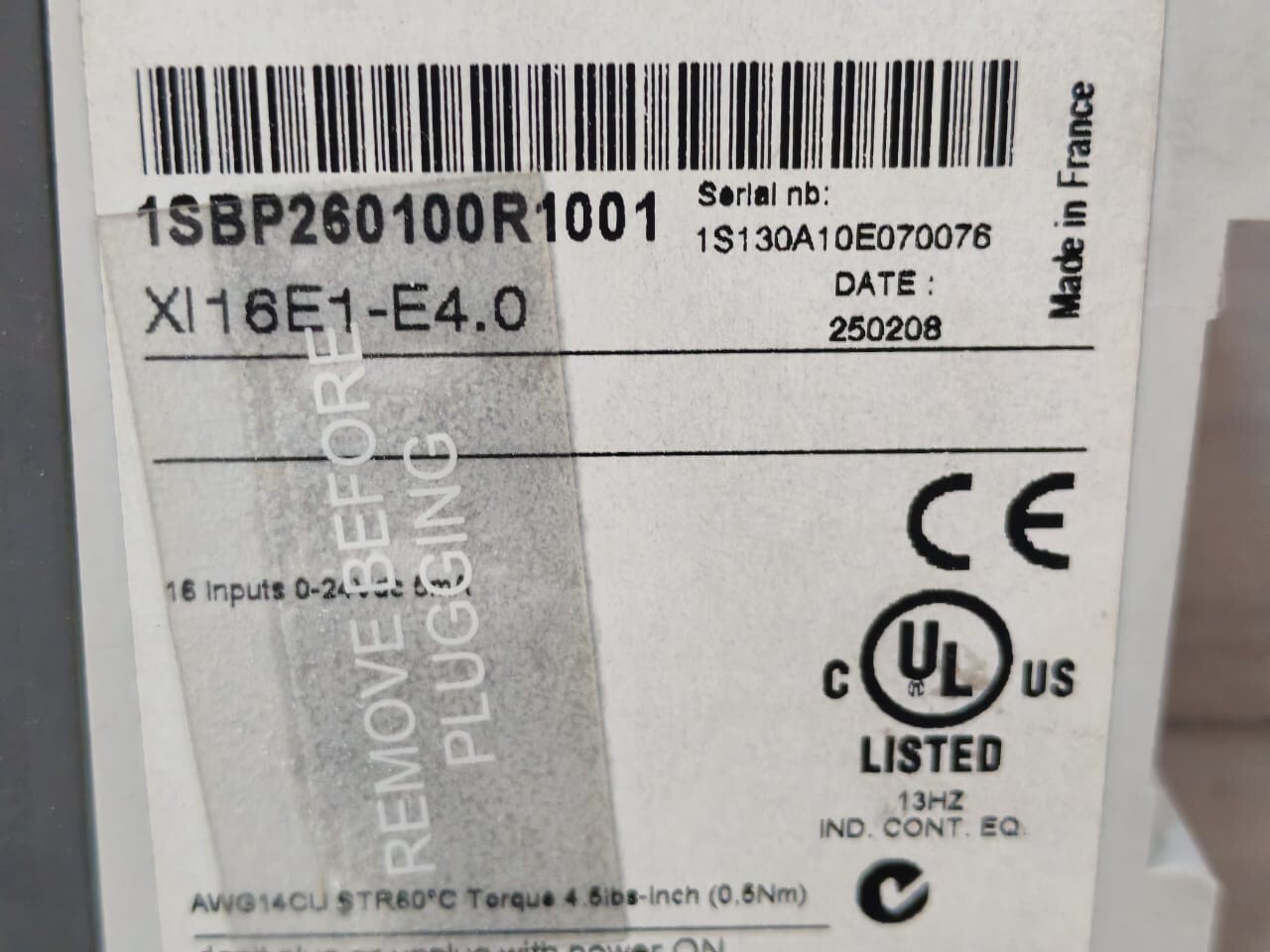 ABB 1SBP260100R1001 ABB XI16E1-E4.0 1SBP260100R1001 EXTENSION 16 24VDC INPUTS 7