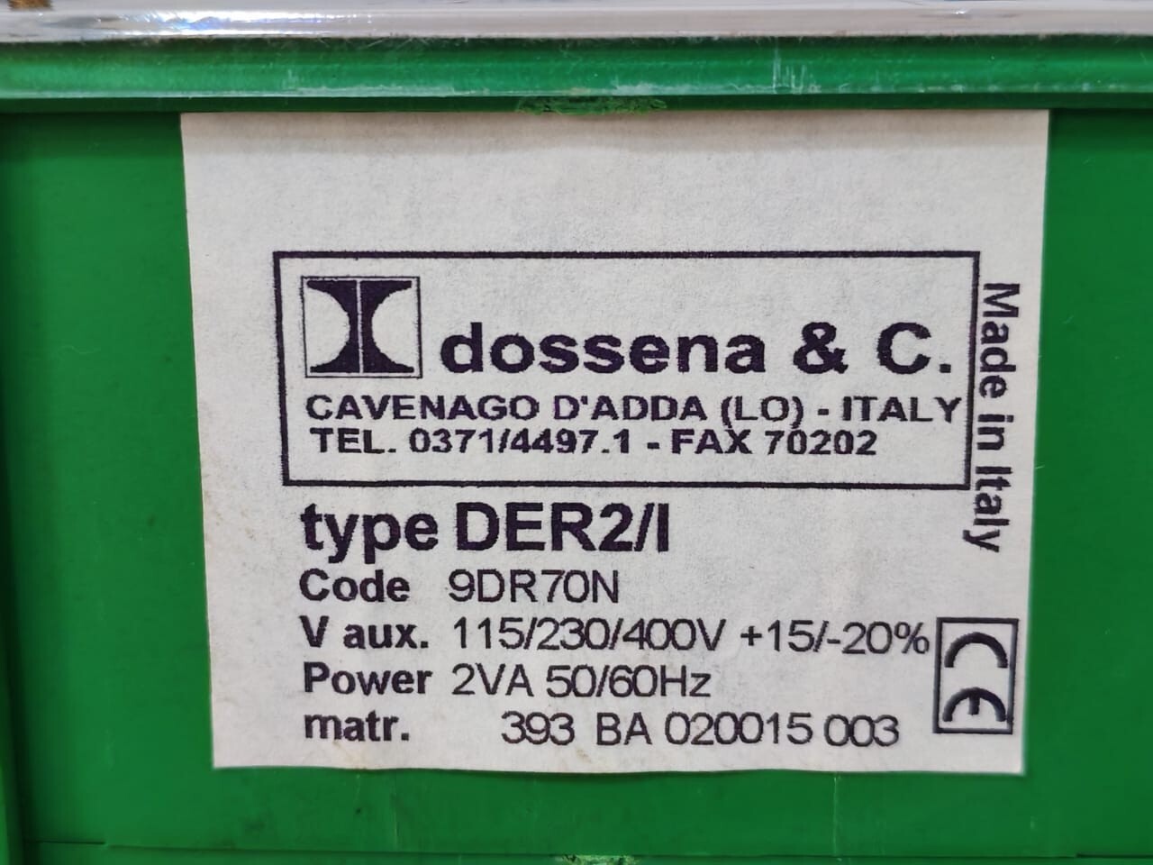 DOSSENNA & C DER2/I 9DR7ON DOSSENNA & C DER2/I 9DR7ON DIFFERENTIAL EARTH RELAY 115/230/400V 10