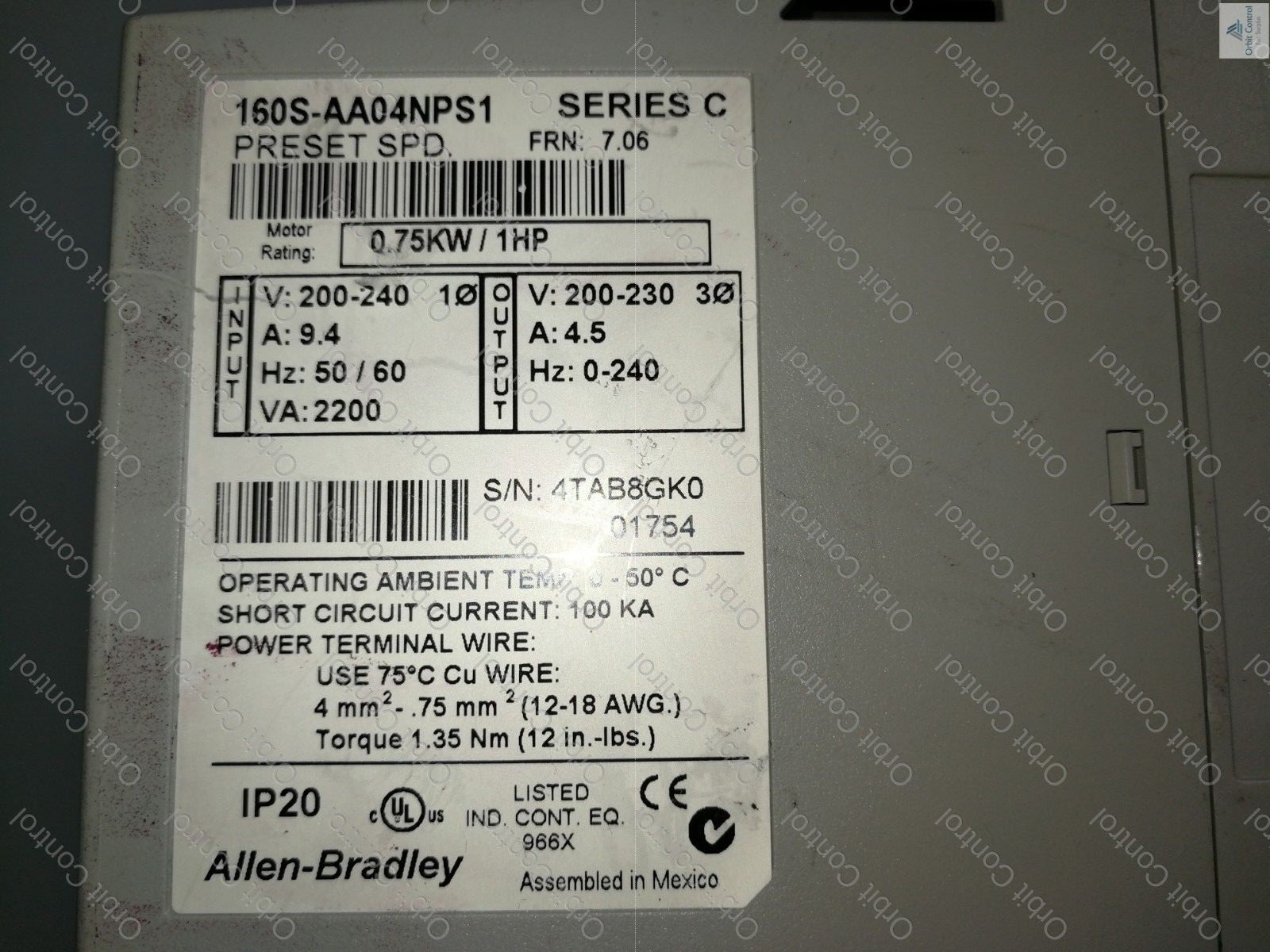 Rockwell Automation AA04NPS1 Allen Bradley 160S-AA04NPS1 AC Drive Series C 0.75kW/1HP 240VAC 4