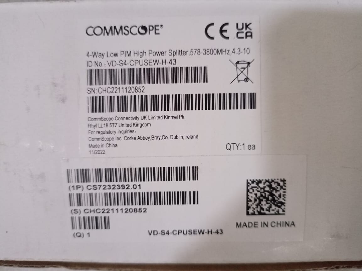 COMMSCOPE VD-S4-CPUSEW-H-43 COMMSCOPE VD-S4-CPUSEW-H-43 4-Way Low P/M High Power Splitter with clip 4
