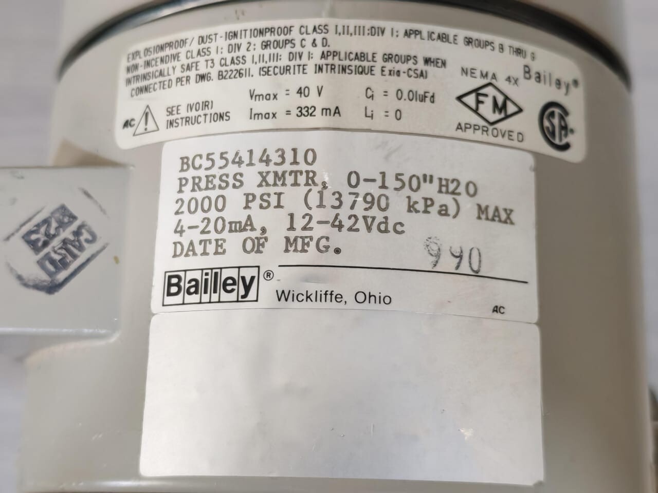 BAILEY BC XDUCER-2/89 5756-0750IWG BAILEY BC55414310 BC XDUCER-2/89 5756-0750IWG PRESSURE TRANSMITTER -FILTHY BOX 6